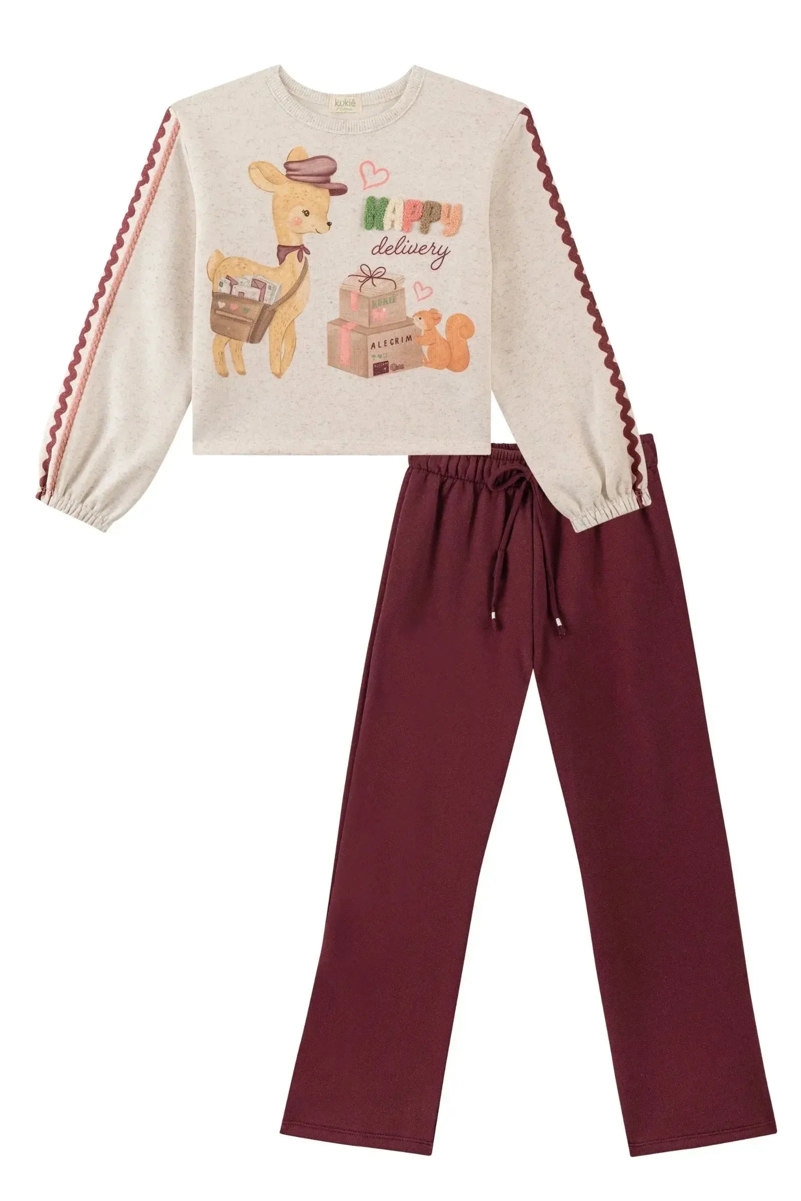 Conjunto de Blusão Boxy Over e Calça Reta em Moletom com Pelúcia 89889 Kukiê Infantil Menina