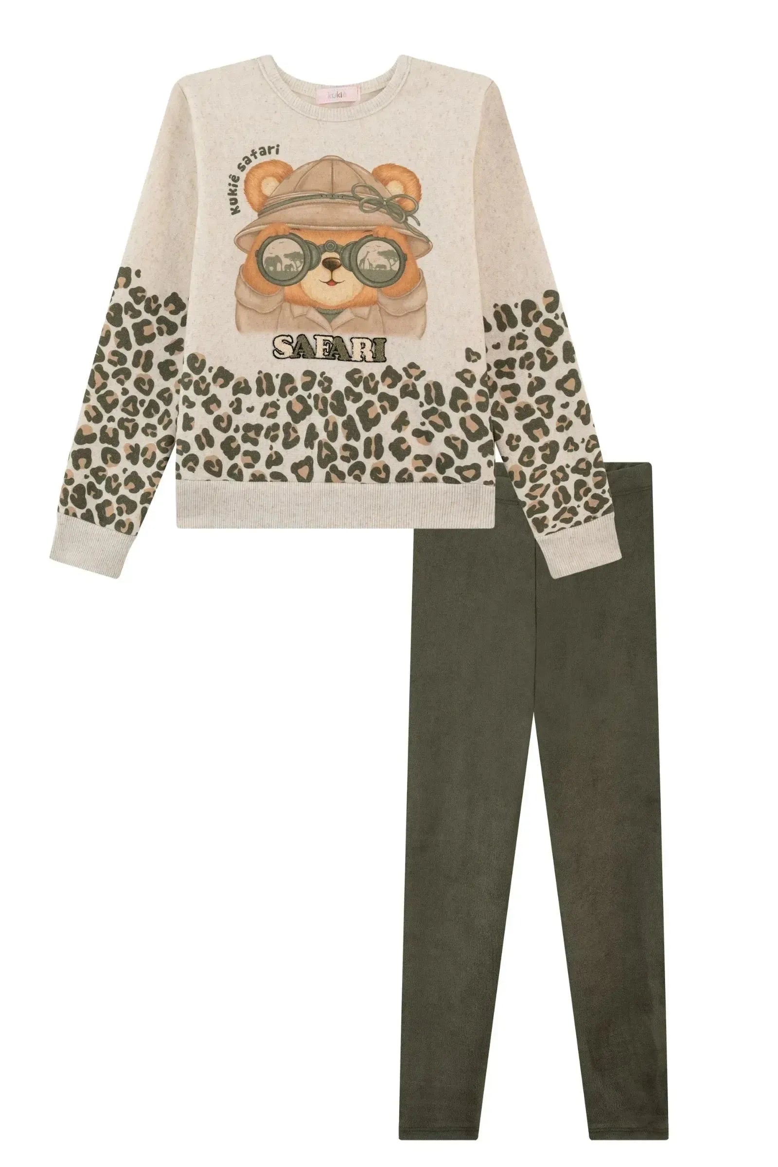 Conjunto de Blusão Alongado em Moletom Linho com Pelúcia e Calça Legging em Cotelê 90578 Kukiê Infantil Menina