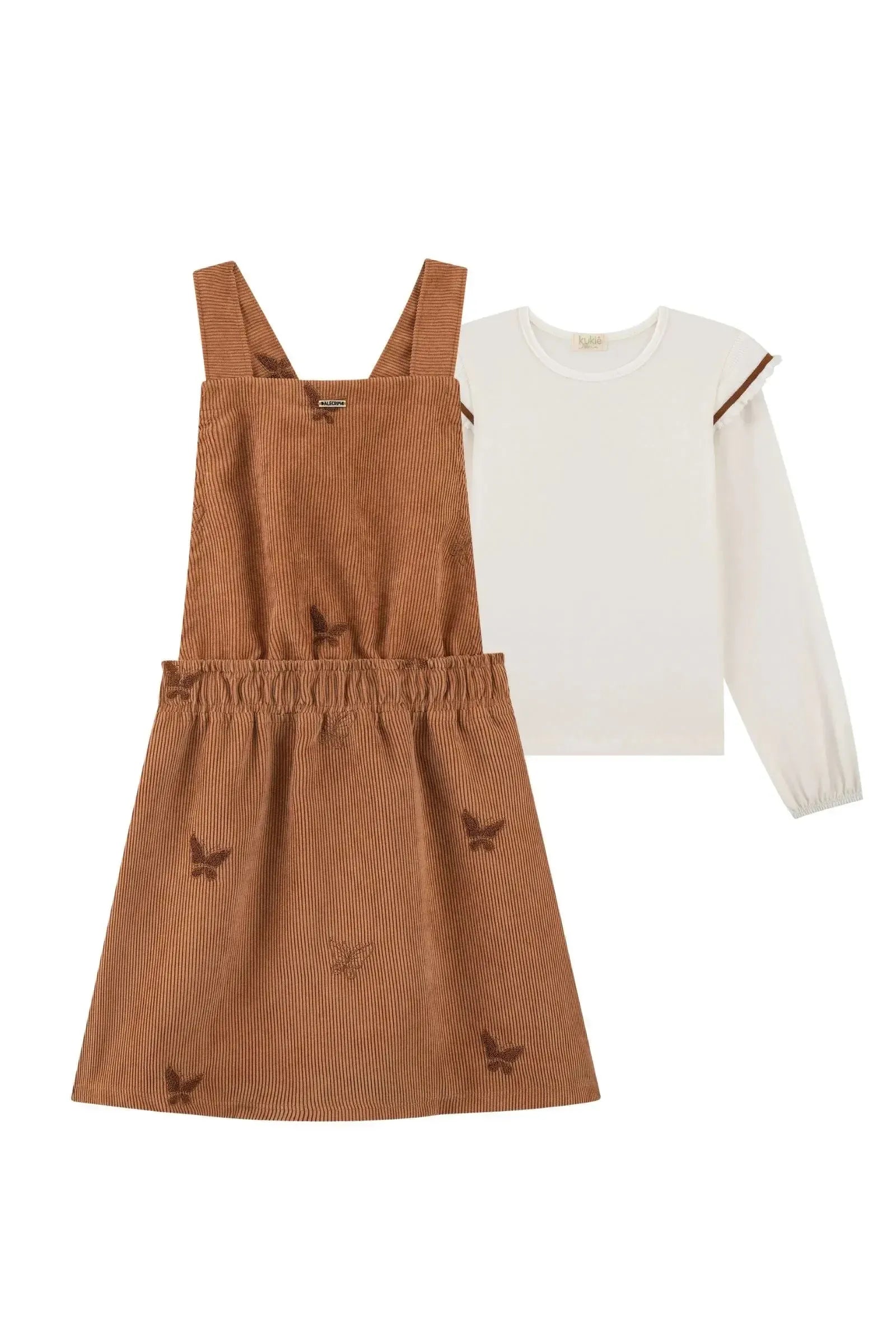 Conjunto de Blusa em Cotton e Salopete em Cotelê Bordado 92511 Kukiê Infantil Menina