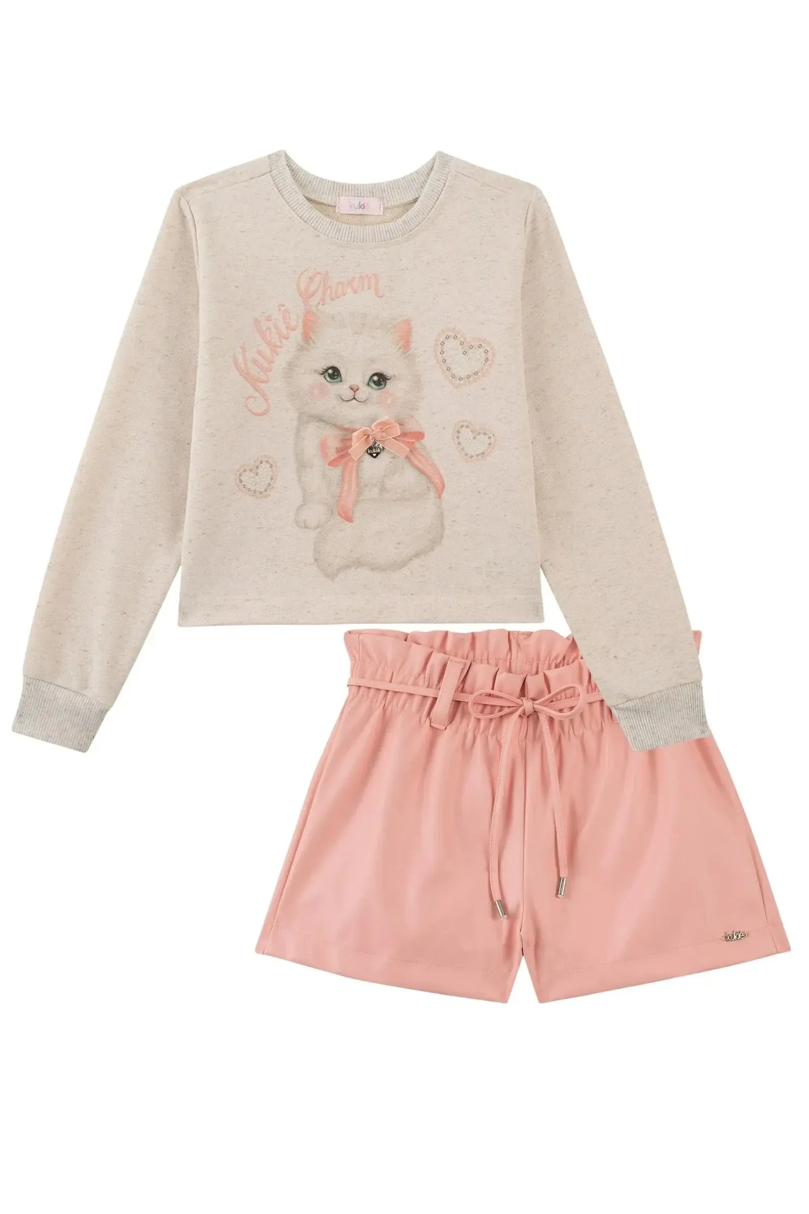 Conjunto de Blusão Boxy em Moletom Linho sem Pelúcia e Shorts em Couro Eco 93778 Kukiê Infantil Menina