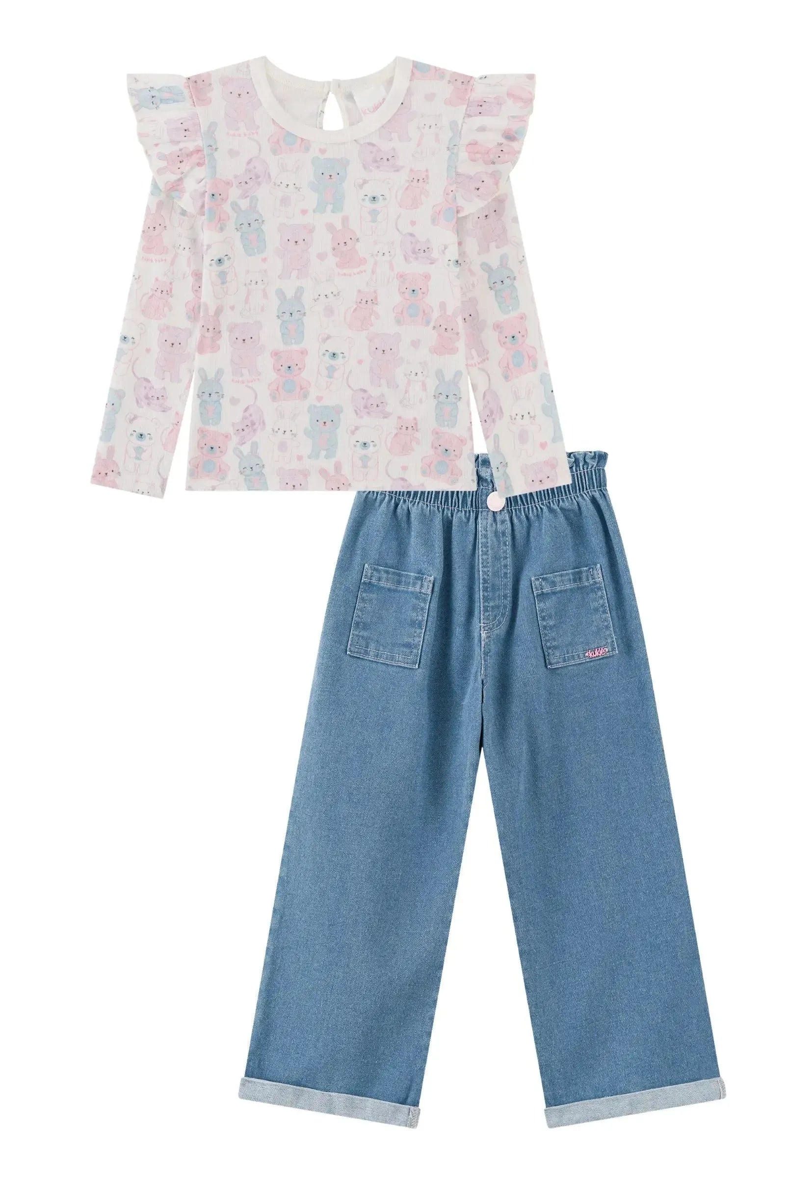 Conjunto de Blusa em Canelado Liz e Calça em Jeans Guga com Elastano 94241 Kukiê Infantil Menina
