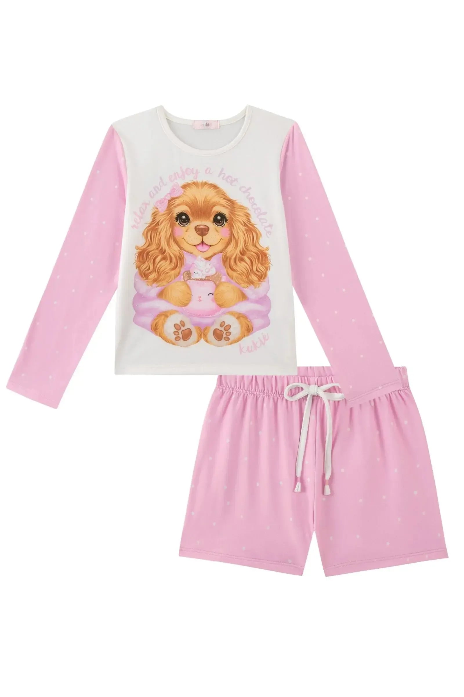 Conjunto de Pijama de Blusa e Shorts em Malha Comfy 89270 Kukiê Infantil Menina