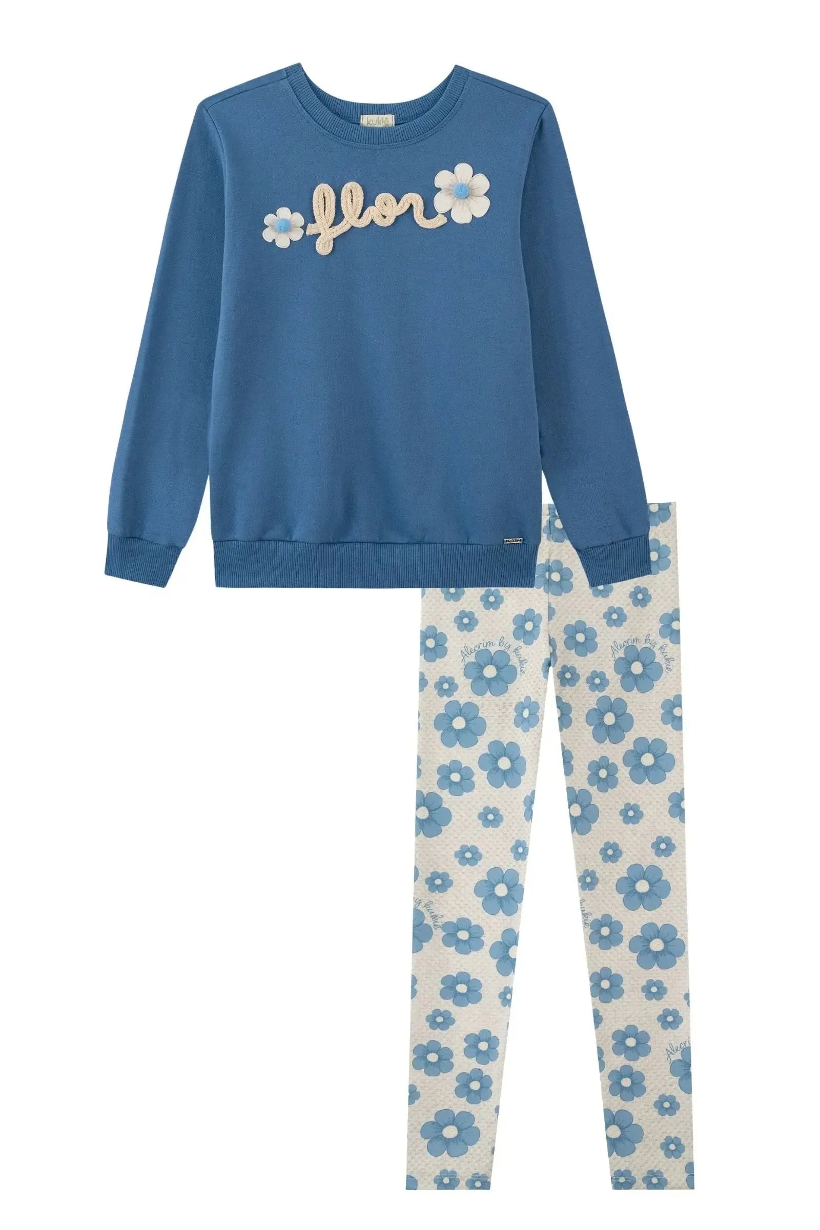 Conjunto de Blusão Alongado em Moletom com Pelúcia e Calça Legging em Termoskin Peluciado 89557 Kukiê Infantil Menina