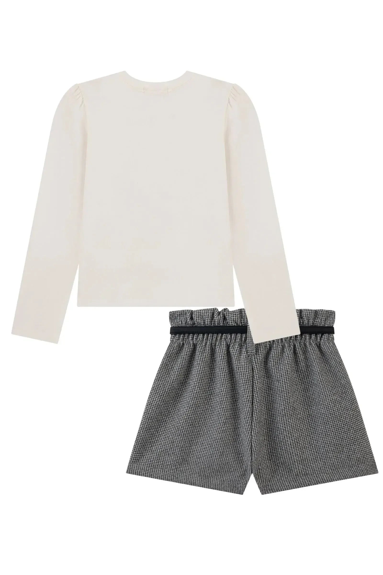 Conjunto de Blusa em Cotton e Shorts em Lã Pied de Poule 90672 Kukiê Infantil Menina