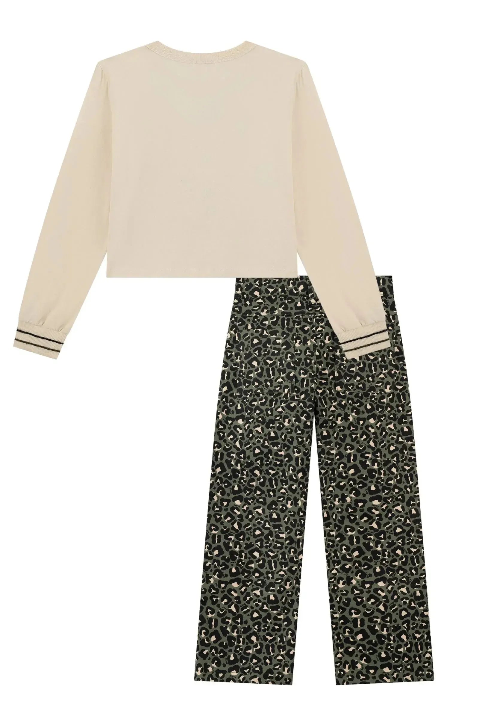 Conjunto de Blusa Boxy em Meia Malha e Calça Reta em Sarja com Elastano 90676 Kukiê Infantil Menina