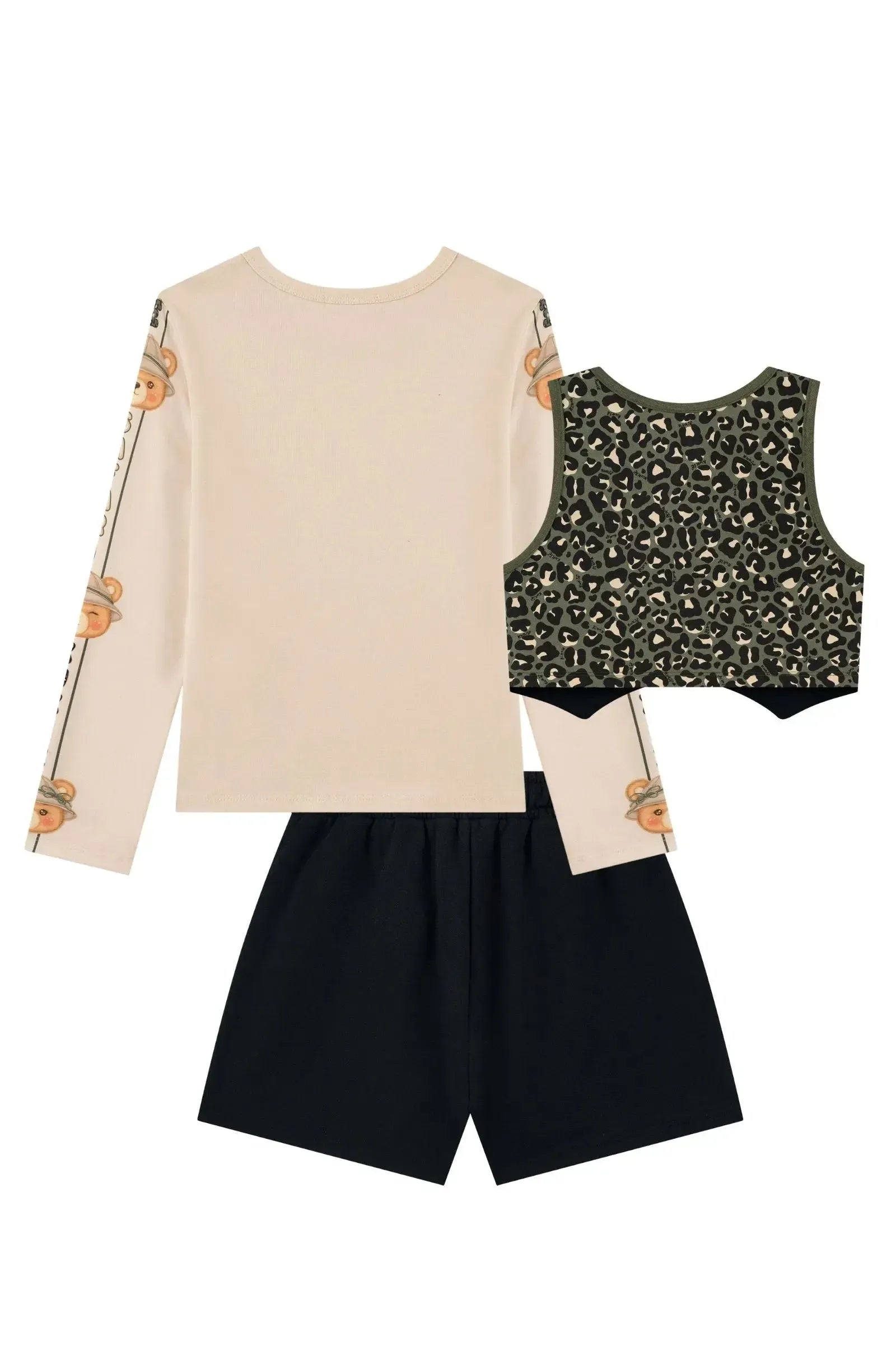Trio de Blusa em Cotton Short em Moletom com Pelúcia e Colete em Sarja com Elastano 90671 Kukiê Infantil Menina