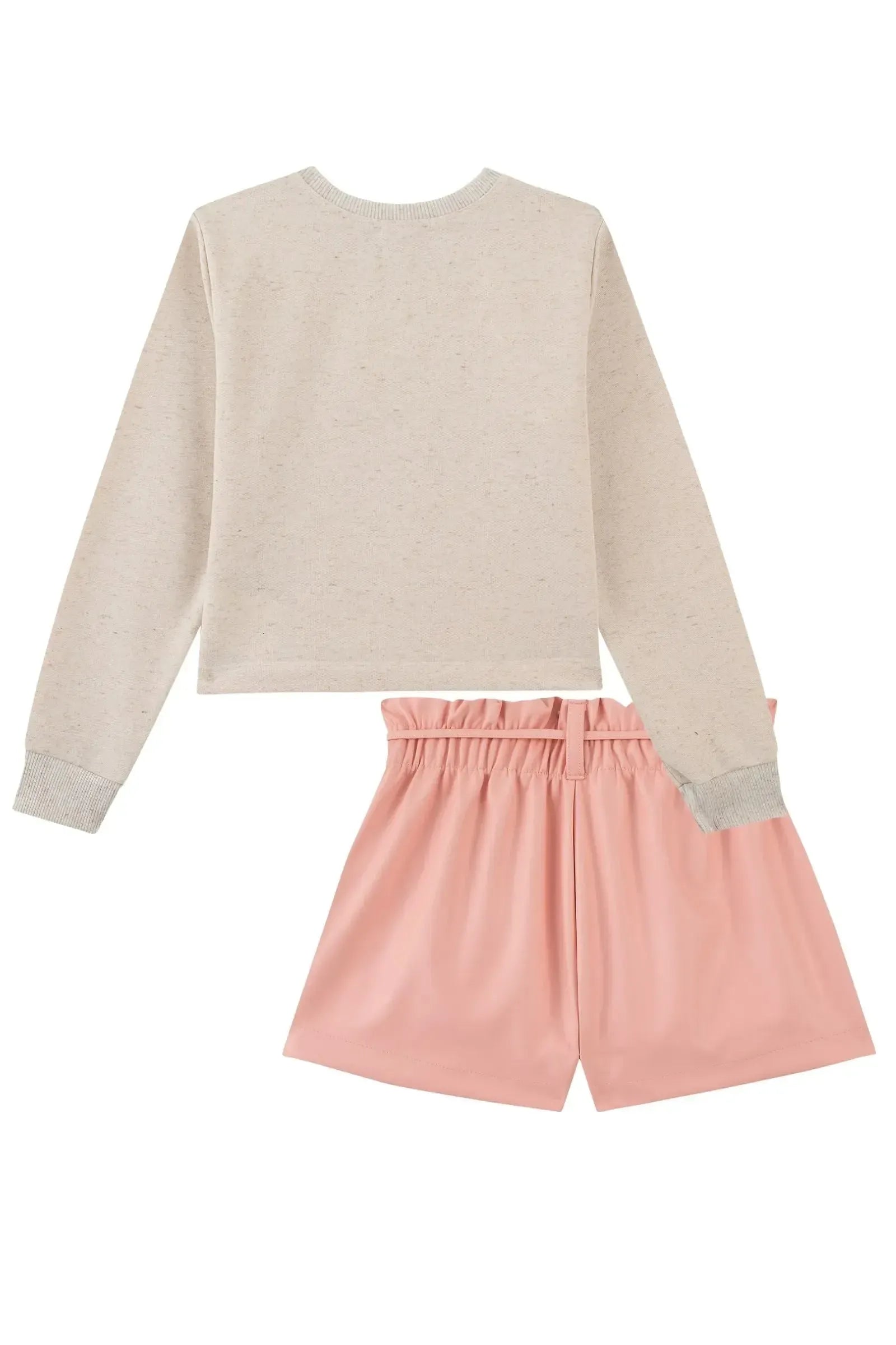 Conjunto de Blusão Boxy em Moletom Linho sem Pelúcia e Shorts em Couro Eco 93778 Kukiê Infantil Menina