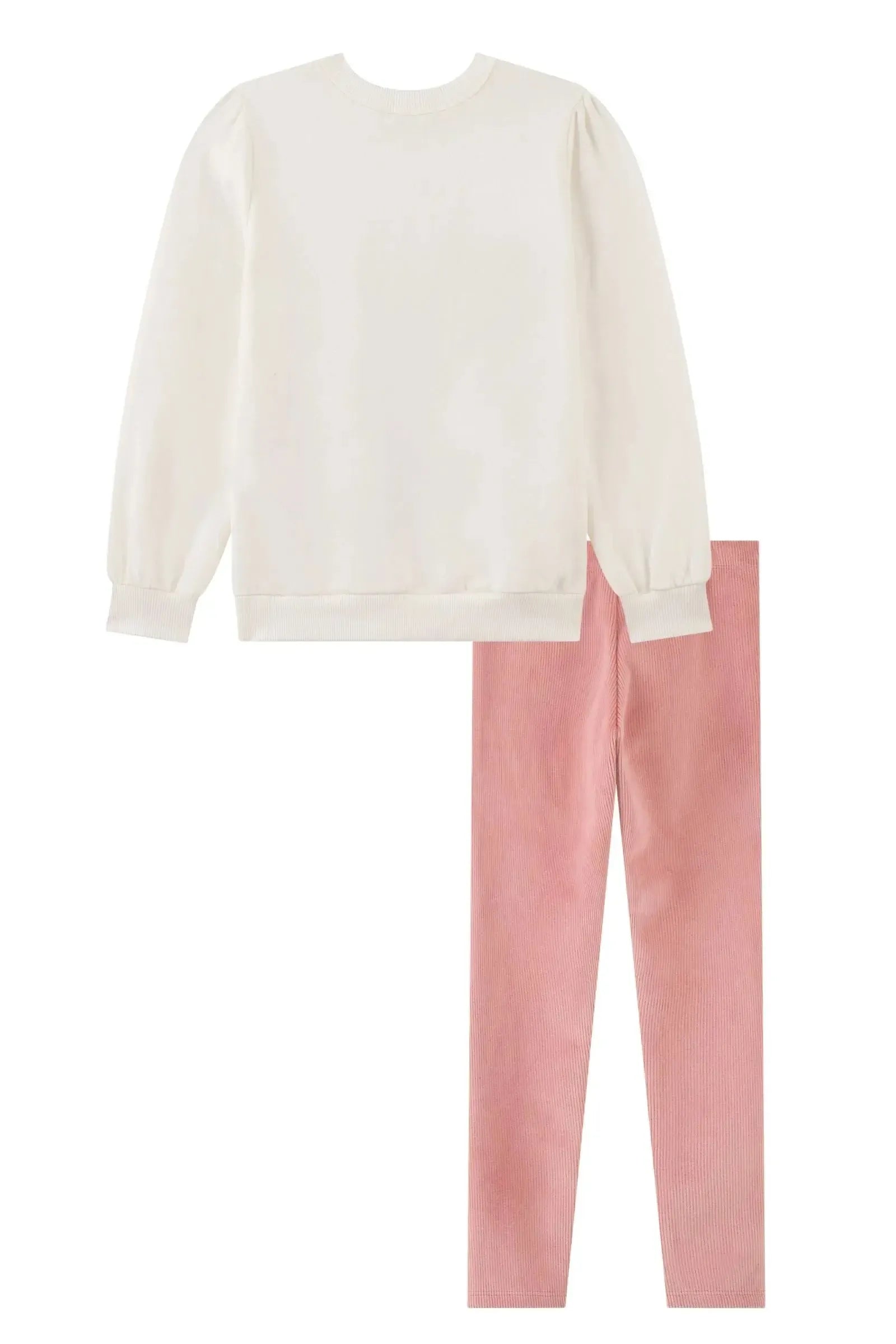 Conj. de Blusão Along. em Moletom C/ Pelúcia e Calça Legging em Fleece Cotelê com Elastano 90644 Kukiê Infantil Menina