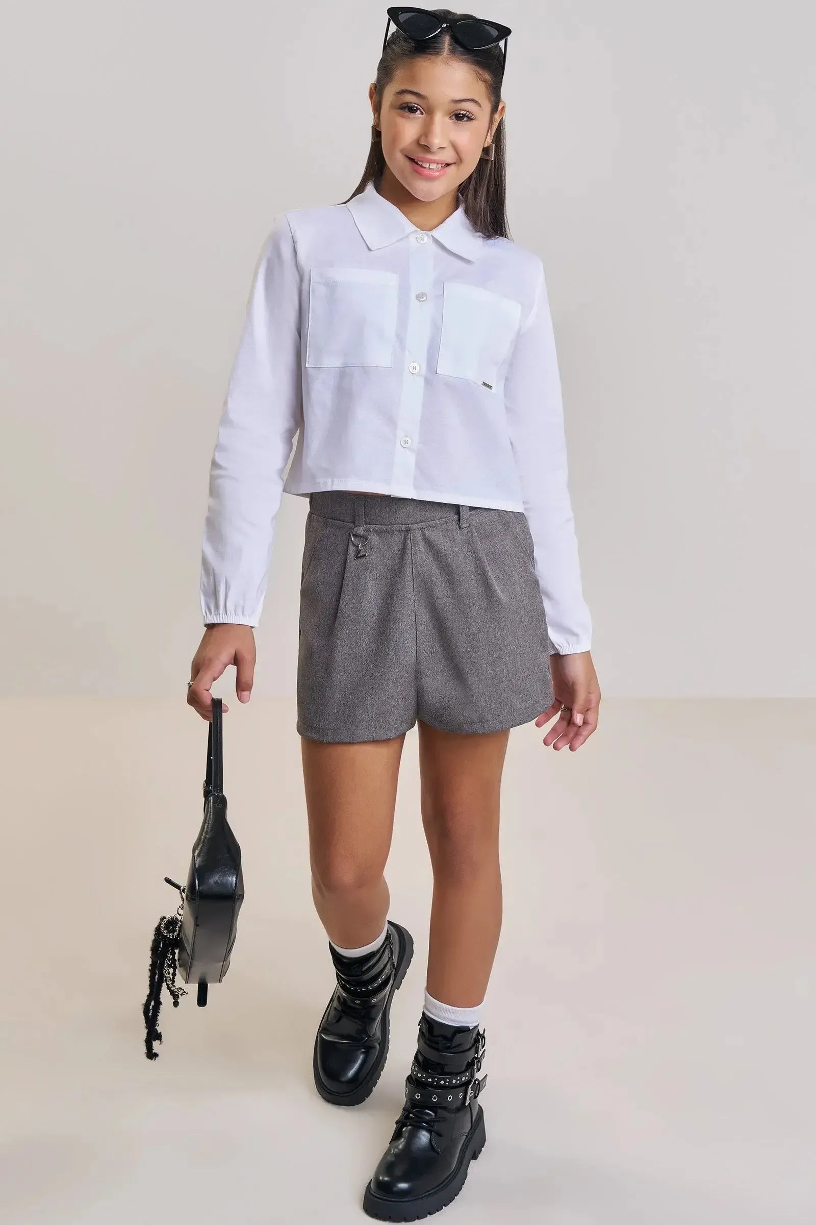 Conjunto de Camisa em Tricoline com Elastano e Shorts em Alfaiataria Stella 89451 Vic&Vicky Teen Menina