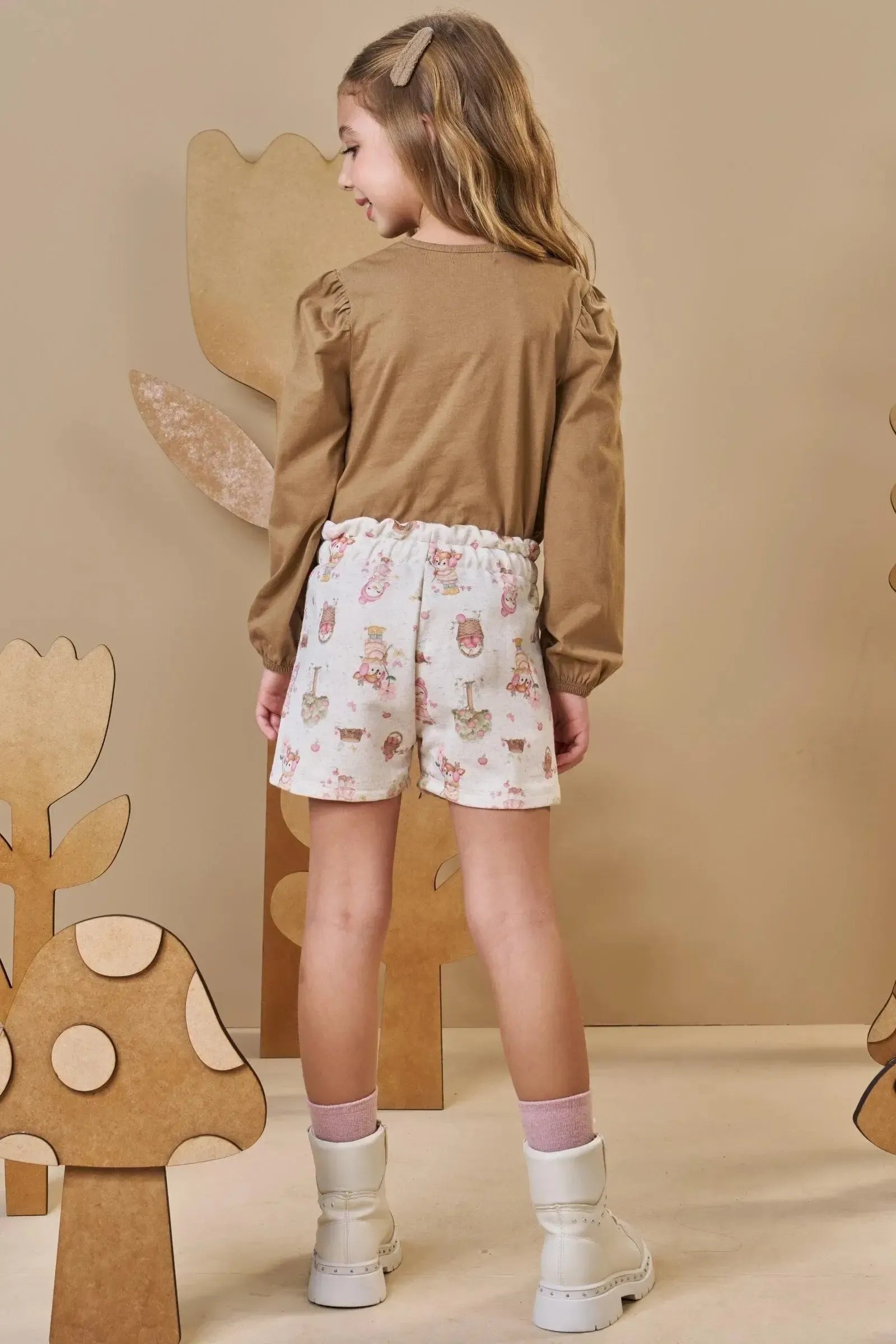 Conjunto de Blusa em Meia Malha com Shorts em Moletom Linho sem Pelúcia 90506 Infanti Infantil Menina