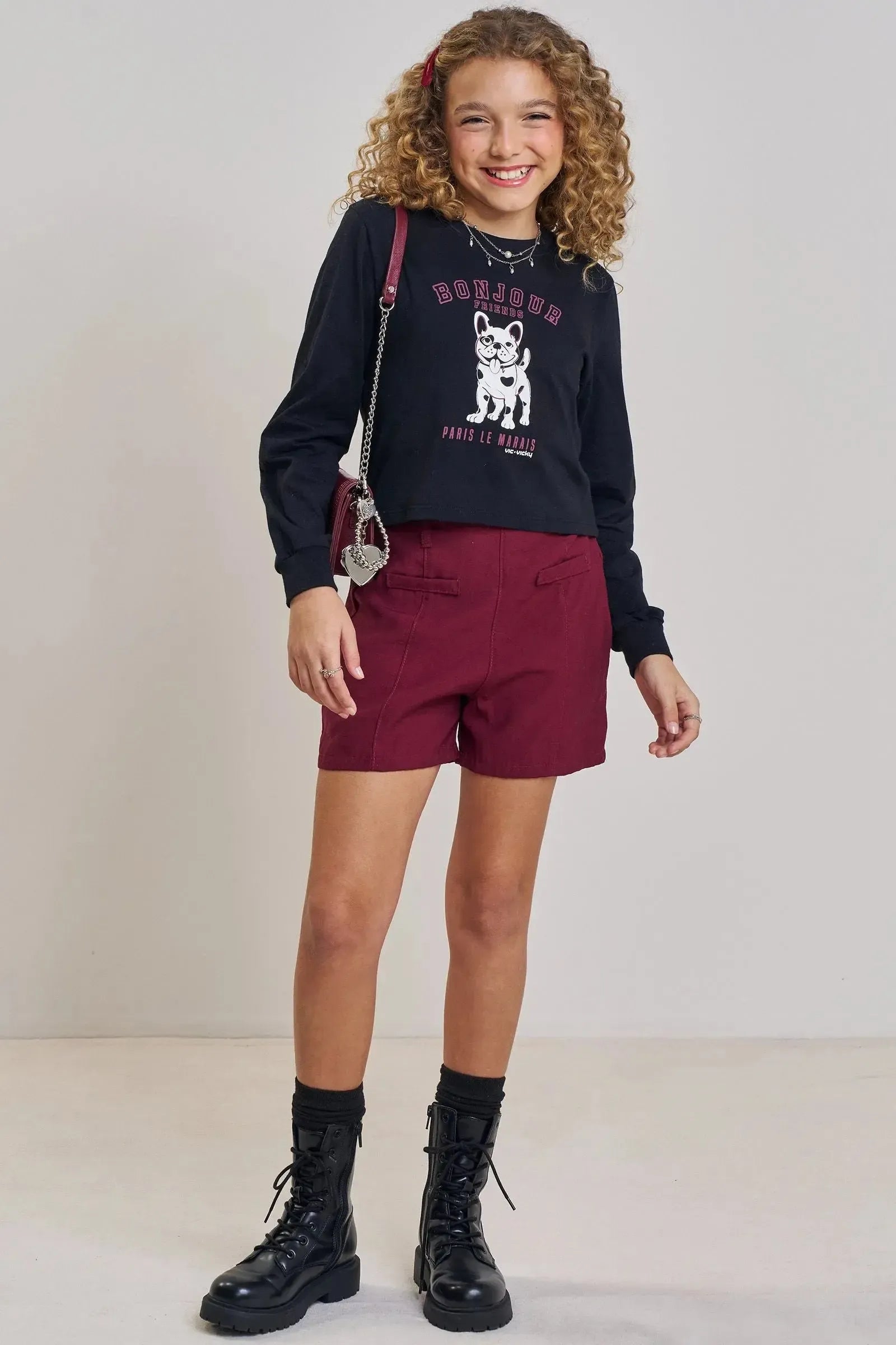 Conjunto de Blusa Boxy Over em Meia Malha e Shorts em Alfaiataria Marant 90703 Vic&Vicky Teen Menina