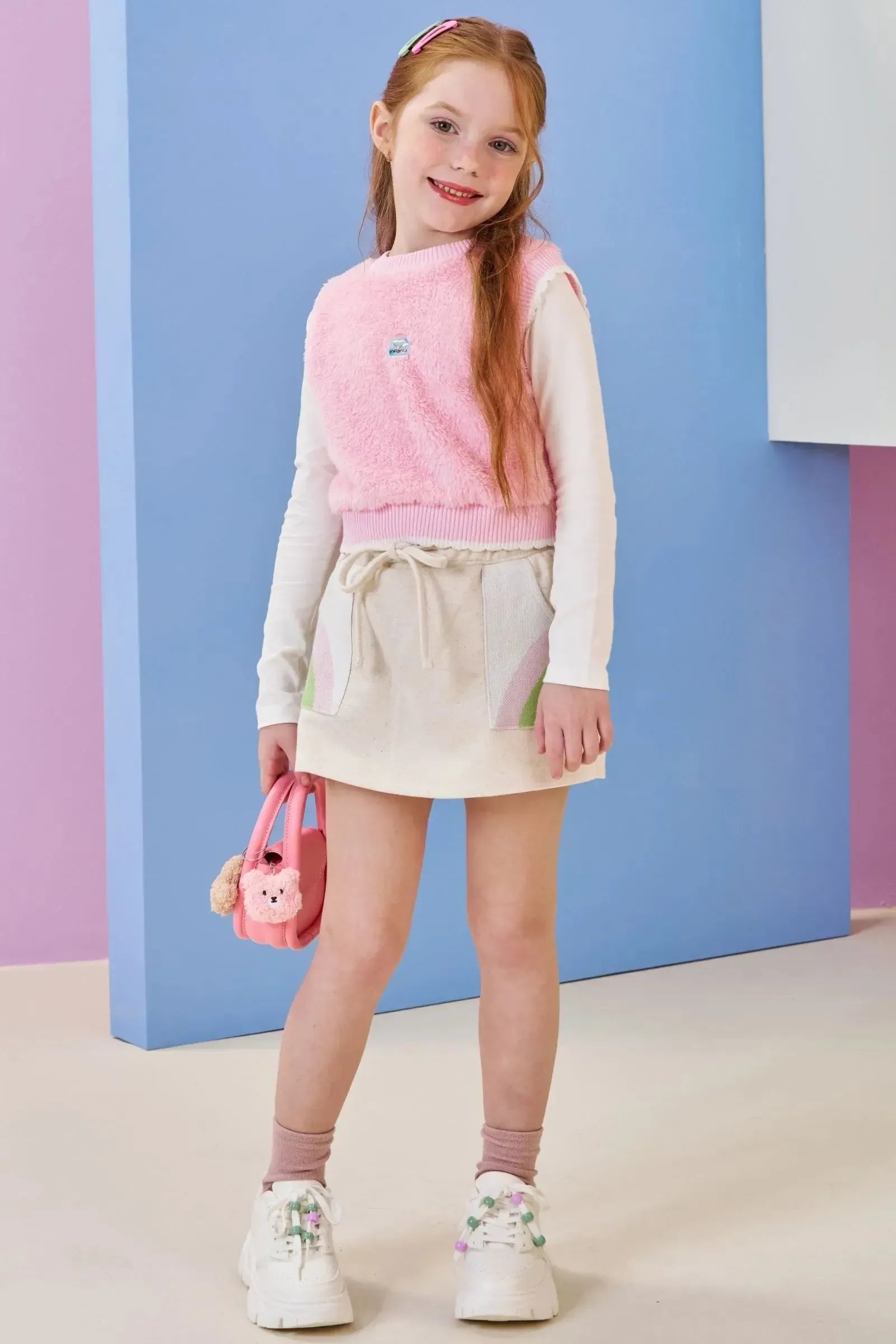 Trio de Blusa em Cotton Colete em Pelo Carneirinho e Short Saia em Moletom sem Pelúcia 90831 Infanti Infantil Menina