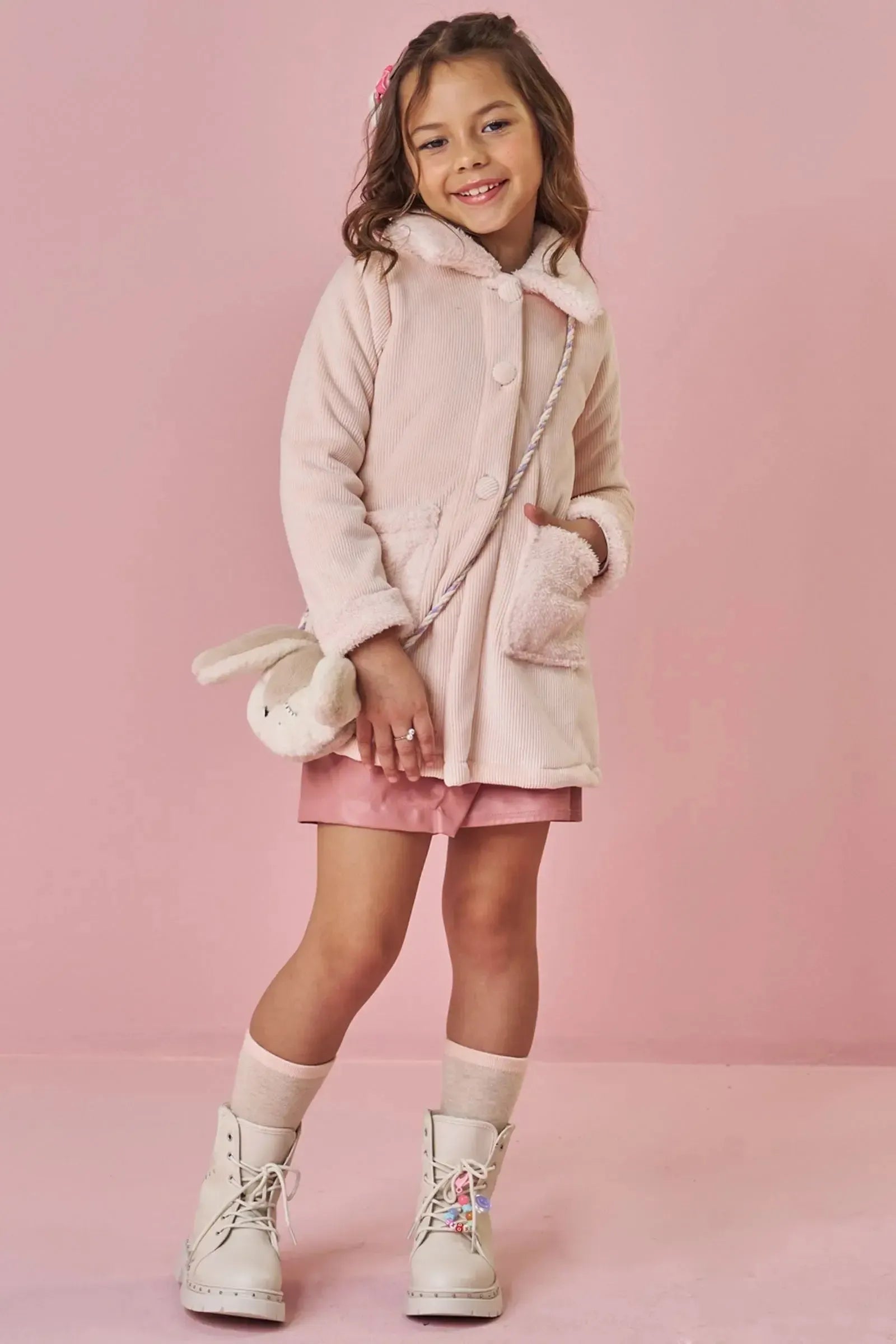 Sobretudo em Veludo Cotelê Dublado com Pelo Carneirinho 91678 Kukiê Infantil Menina