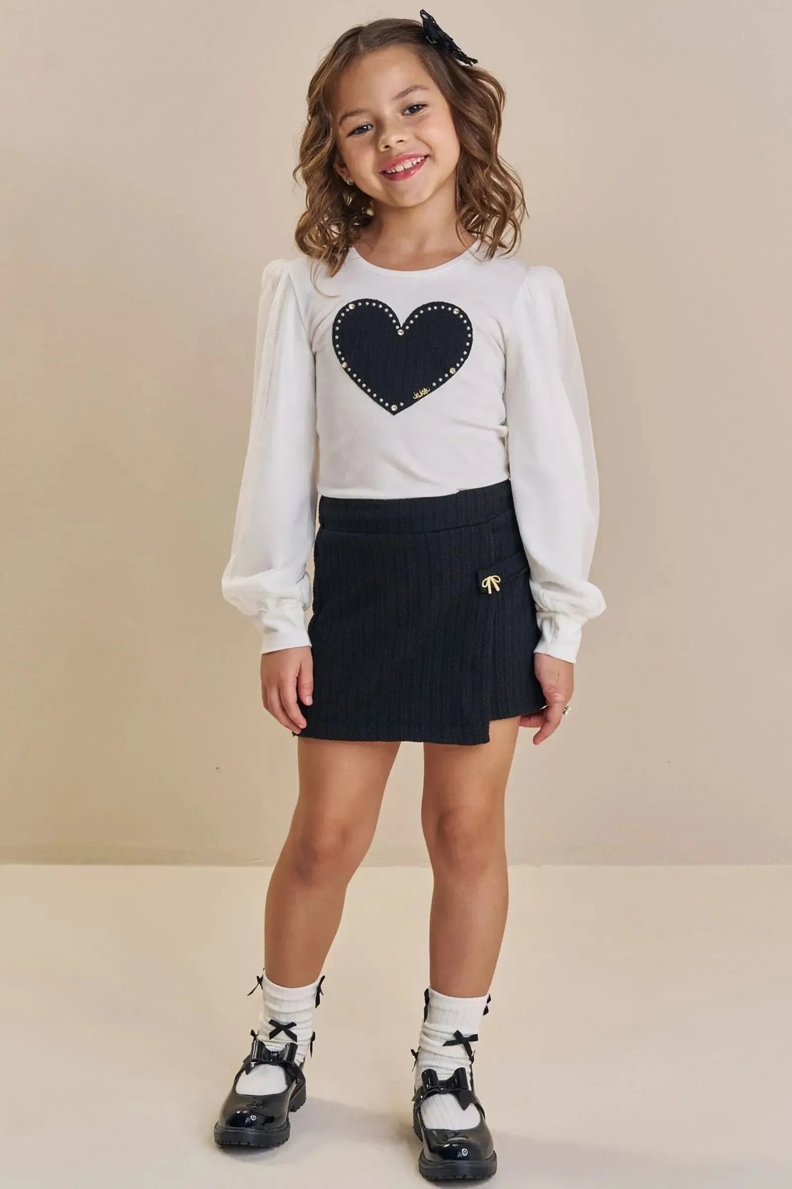 Conjunto de Blusa em Cotton e Tule com Elastano e Short Saia em Malha Jacquard Tricot 91813 Kukiê Infantil Menina