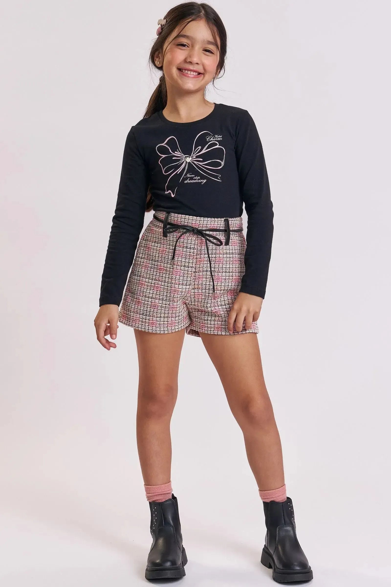 Conjunto de Blusa em Canelado e Shorts em Malha Tweed Shine 91822 Kukiê Infantil Menina