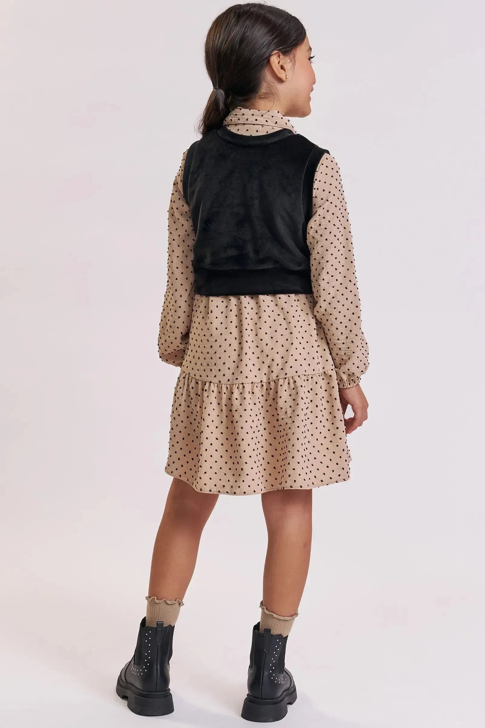 Vestido em Crepe Textura Poá e Colete em Veludo com Elastano 92161 Kukiê Infantil Menina