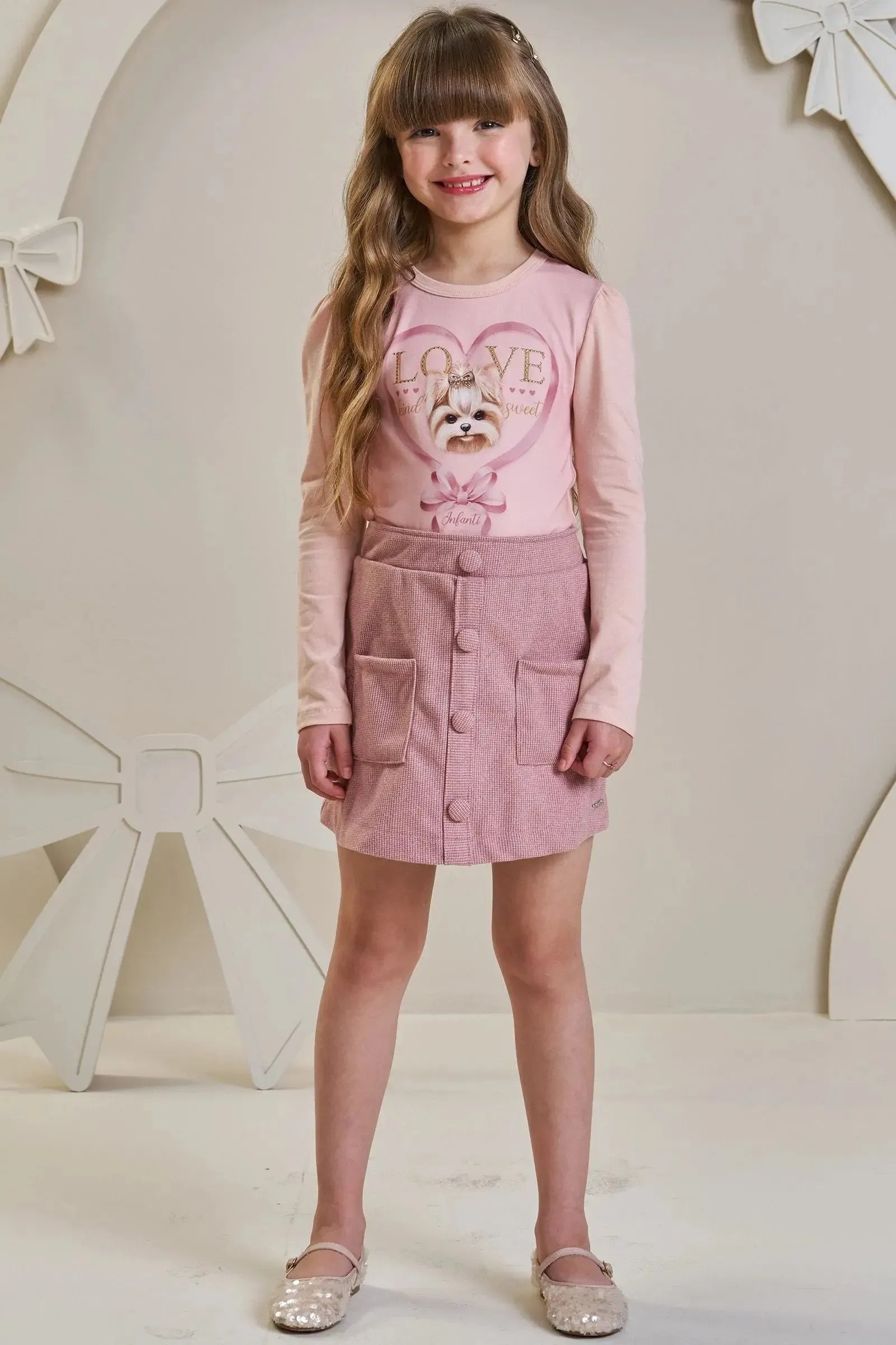 Conjunto de Blusa em Cotton e Saia em Lã Batida com Shorts Embutido 92193 Infanti Infantil Menina