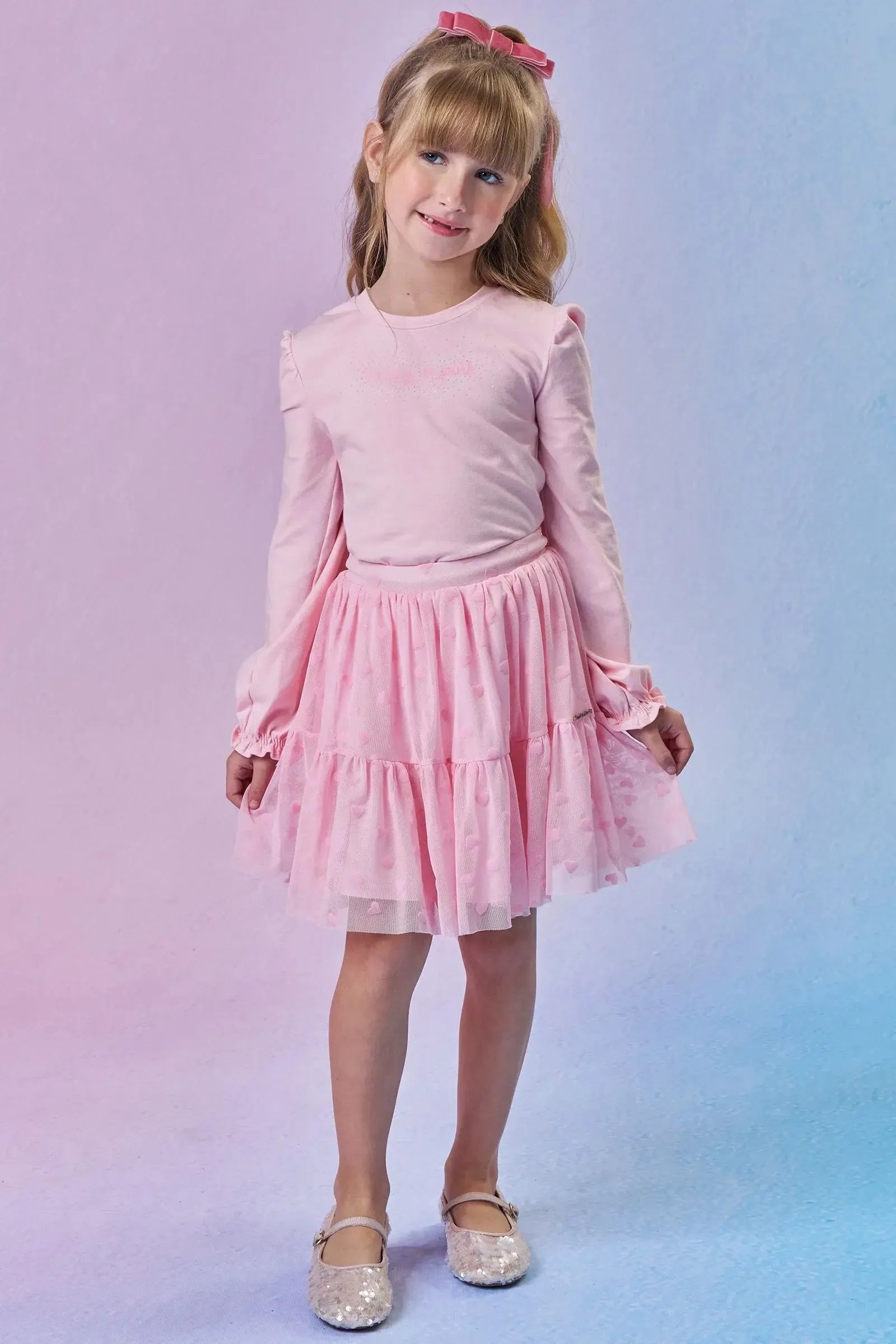 Conjunto de Blusa em Cotton e Saia em Tule Flocking Coração. Com Shorts Embutido 92373 Infanti Infantil Menina