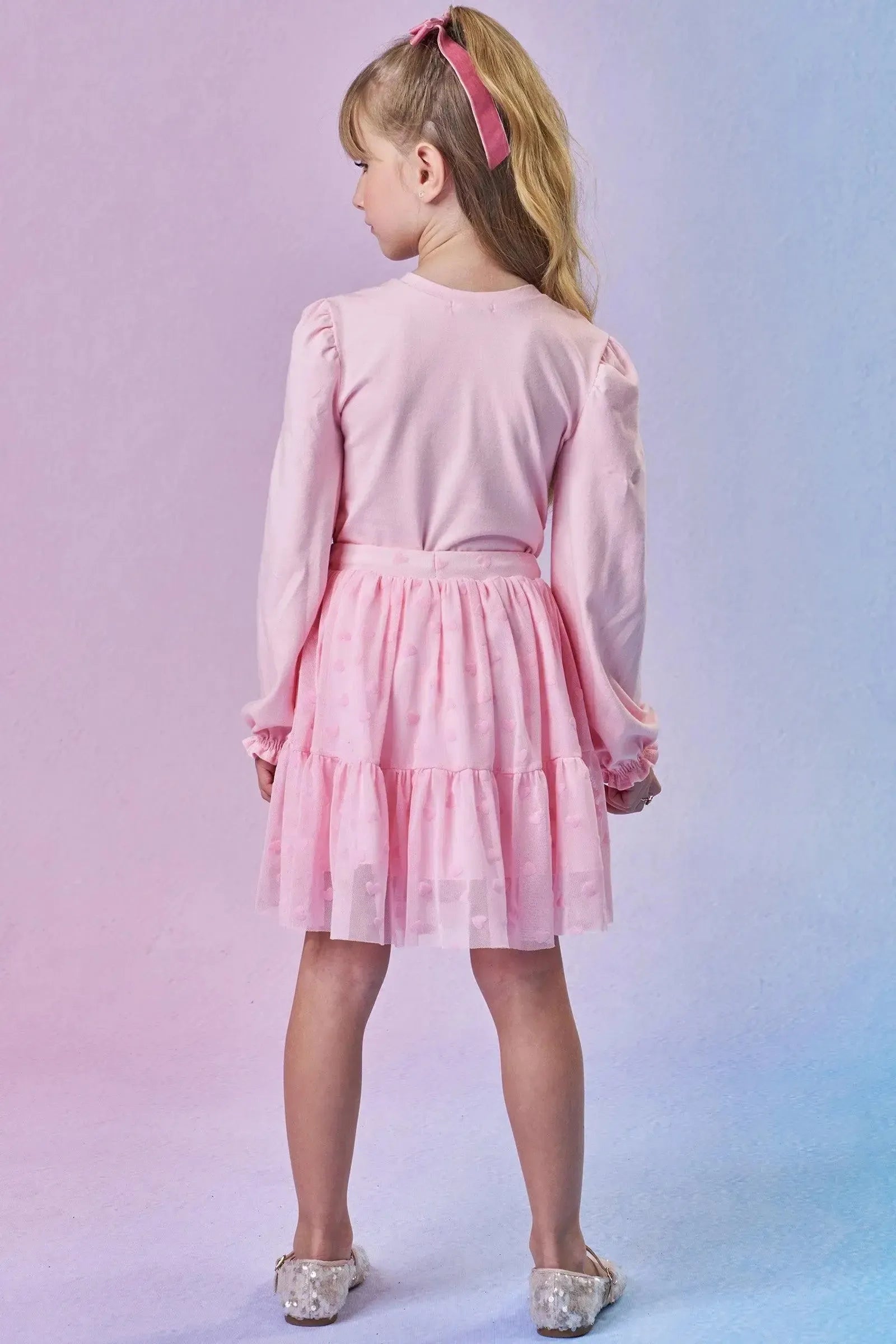 Conjunto de Blusa em Cotton e Saia em Tule Flocking Coração. Com Shorts Embutido 92373 Infanti Infantil Menina