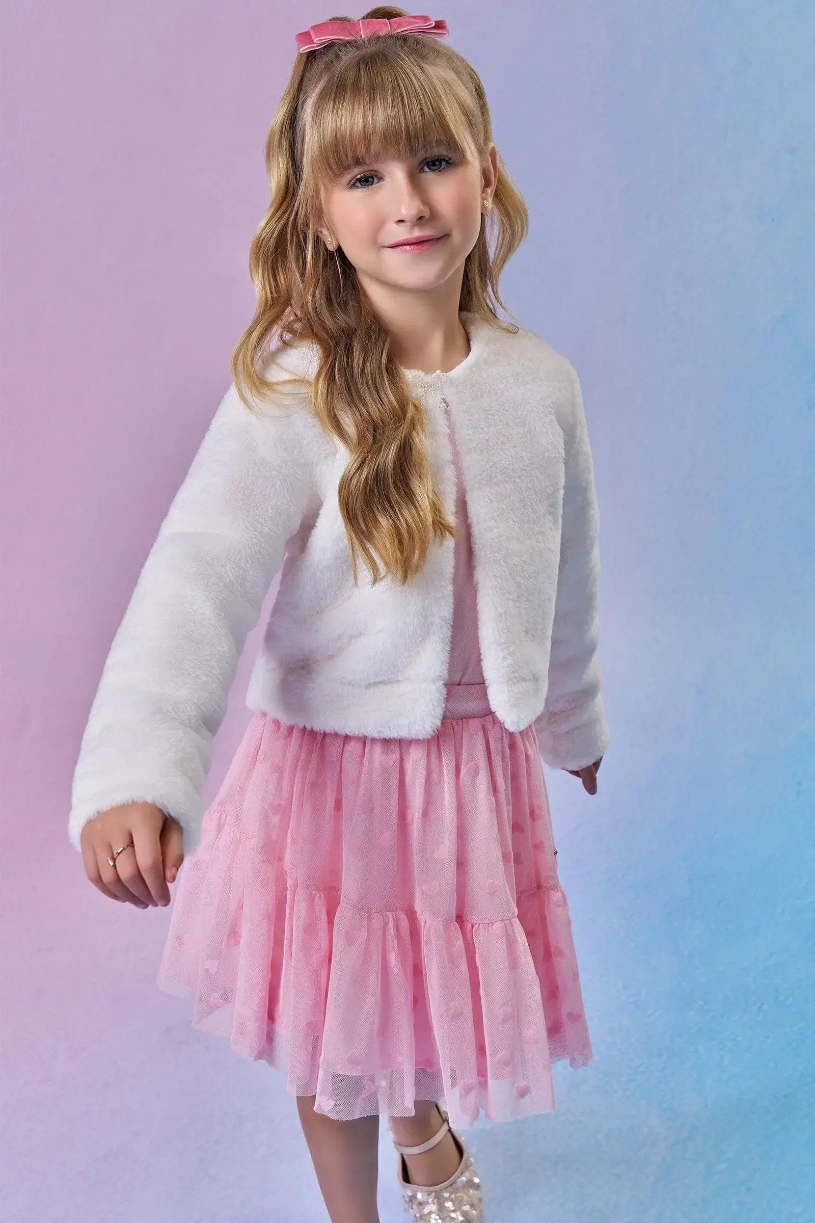 Conjunto de Blusa em Cotton e Saia em Tule Flocking Coração. Com Shorts Embutido 92373 Infanti Infantil Menina