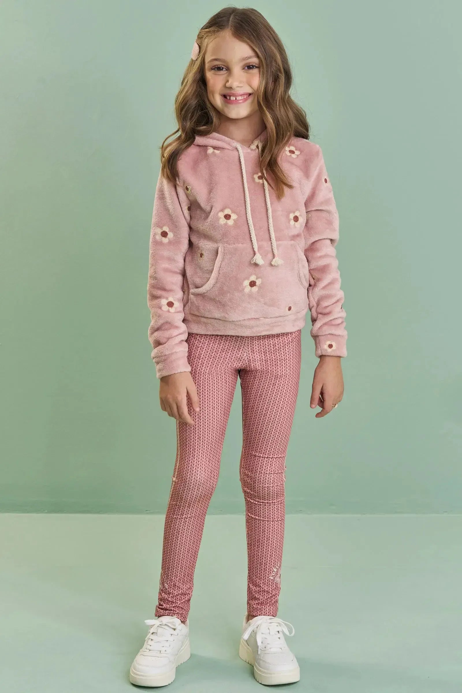 Conjunto de Blusão em Pêlo Bordado e Calça Legging em Termoskin Peluciado 92445 Kukiê Infantil Menina