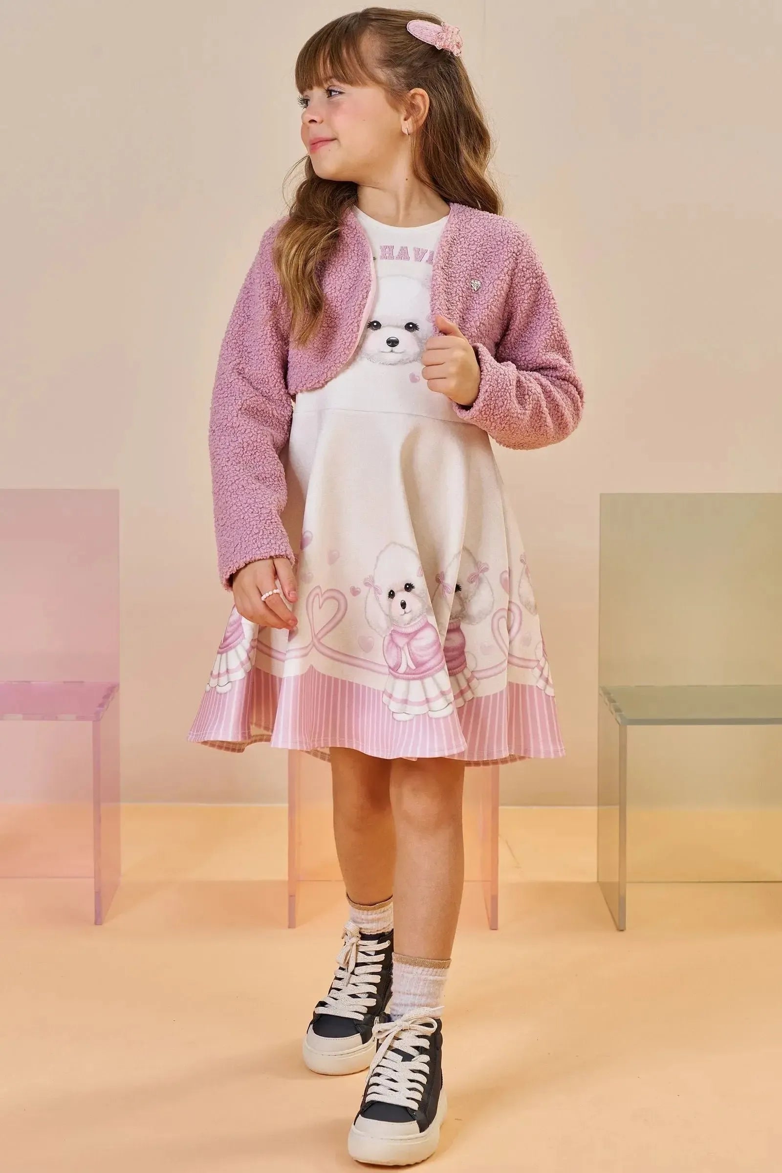 Vestido em Fly Tech com Bolero em Pelo Durban 92680 Infanti Infantil Menina