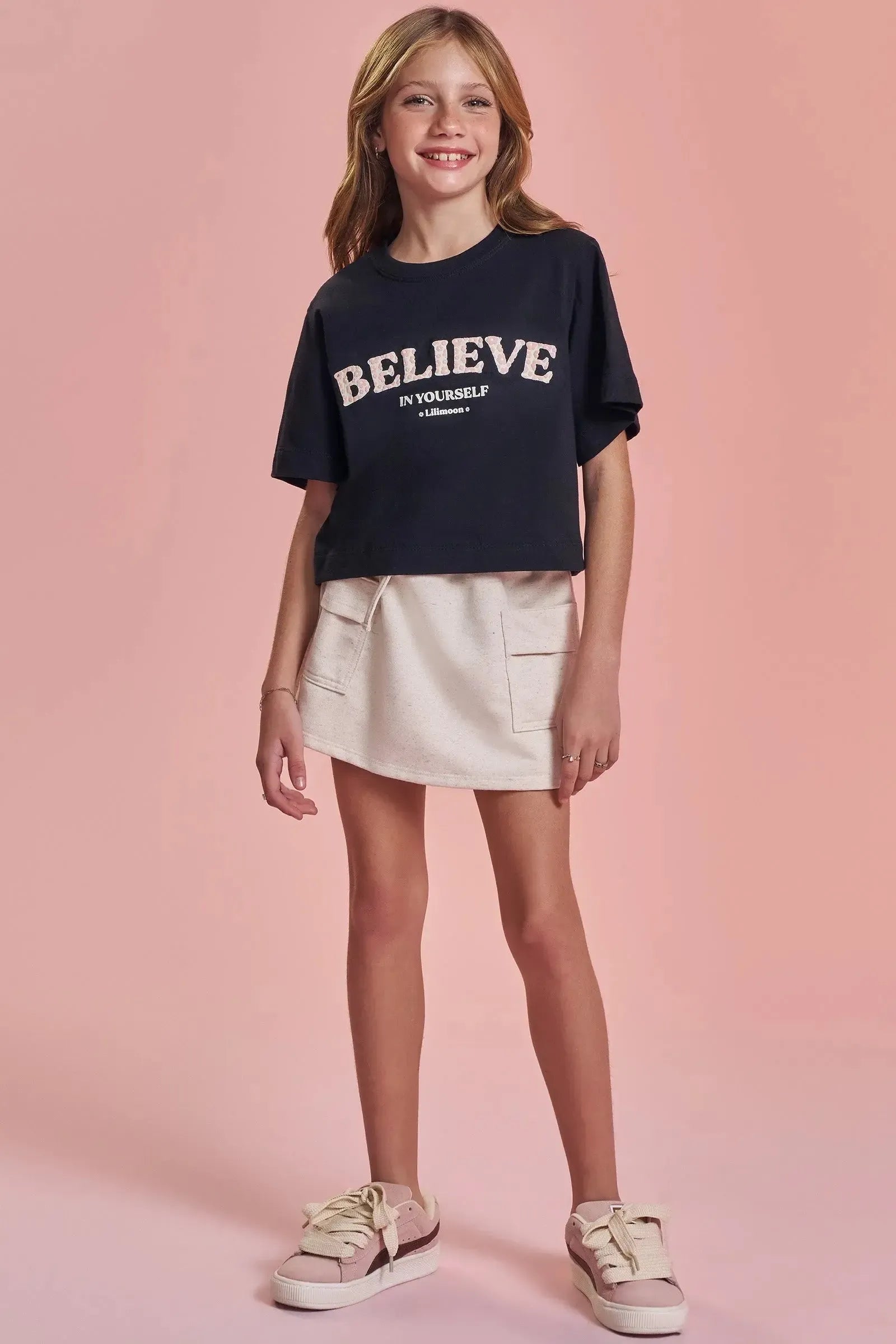 Conjunto de Blusa Boxy Over em Meia Malha e Short Saia em Moletom sem Pelúcia 92688 Lilimoon Teen Menina