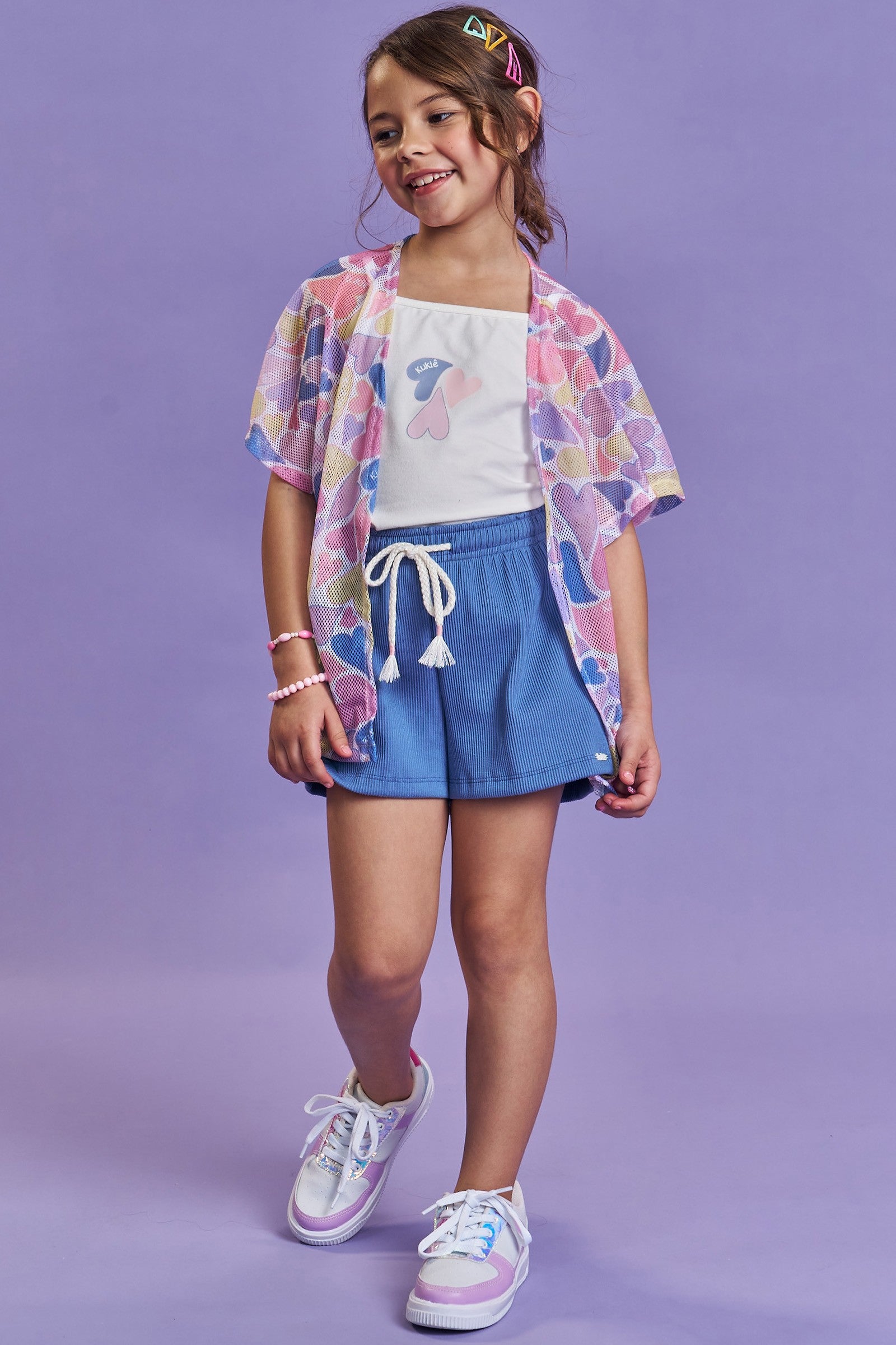 Trio de Blusa em Meia Malha Shorts em Soft Line e Kimono em Tela Fashion 93132 Kukiê Infantil Menina