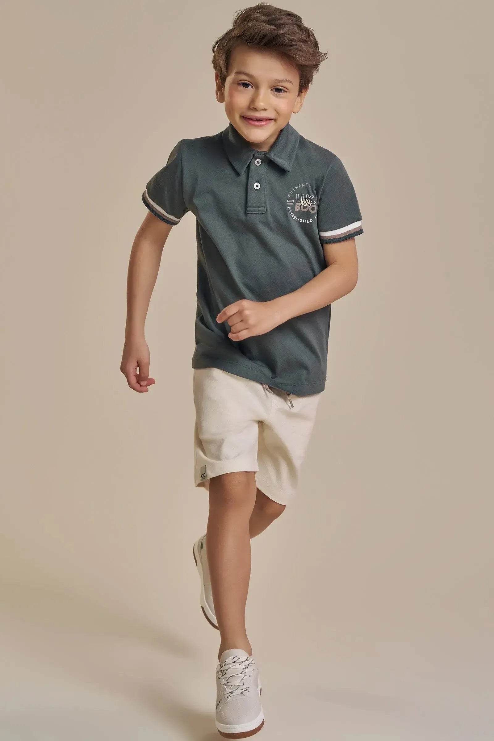 Conjunto de Camisa Polo em Meia Malha e Bermuda em Linho Santorine com Elastano 93137 LucBoo Infantil Menino