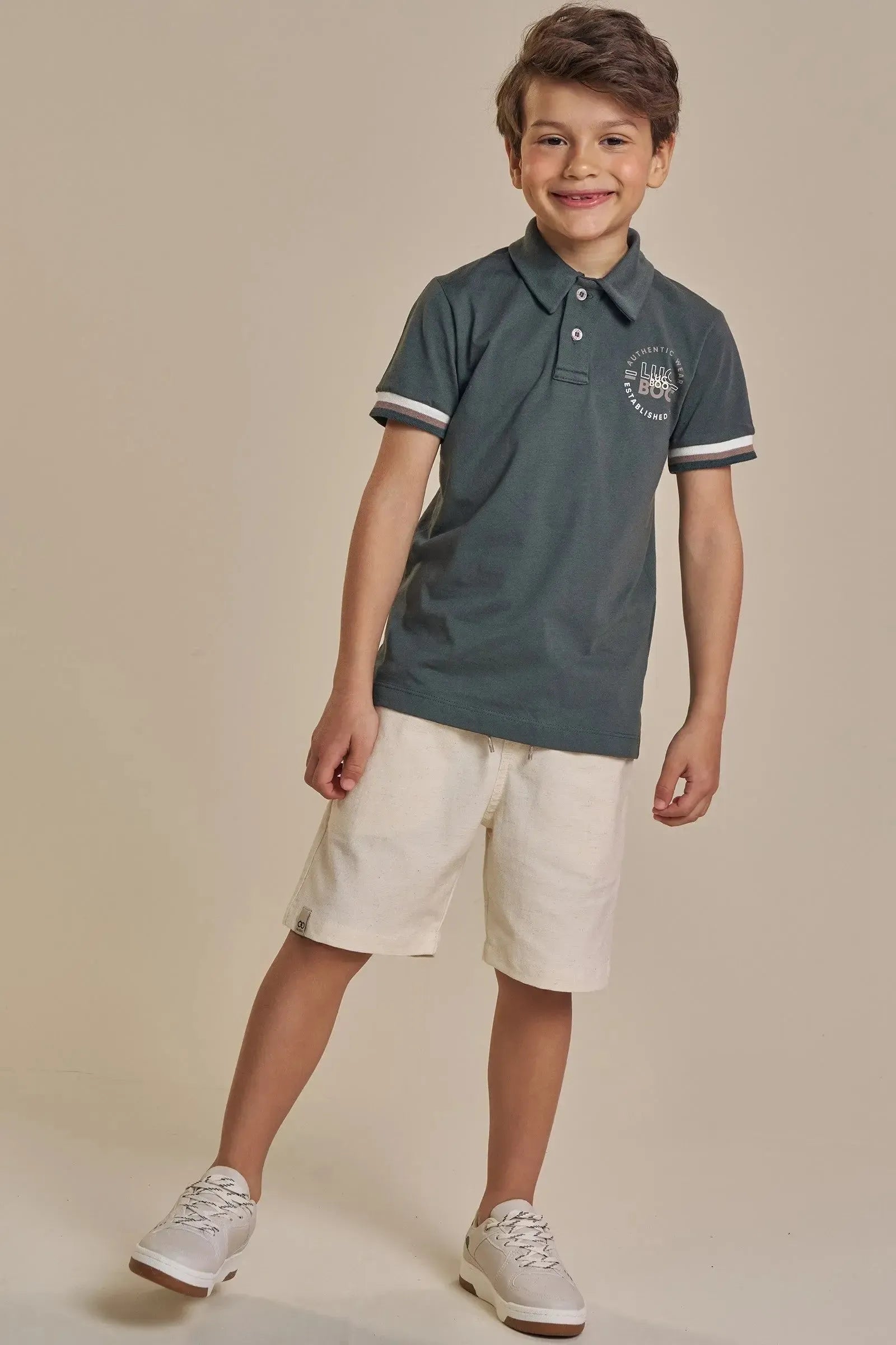 Conjunto de Camisa Polo em Meia Malha e Bermuda em Linho Santorine com Elastano 93137 LucBoo Infantil Menino