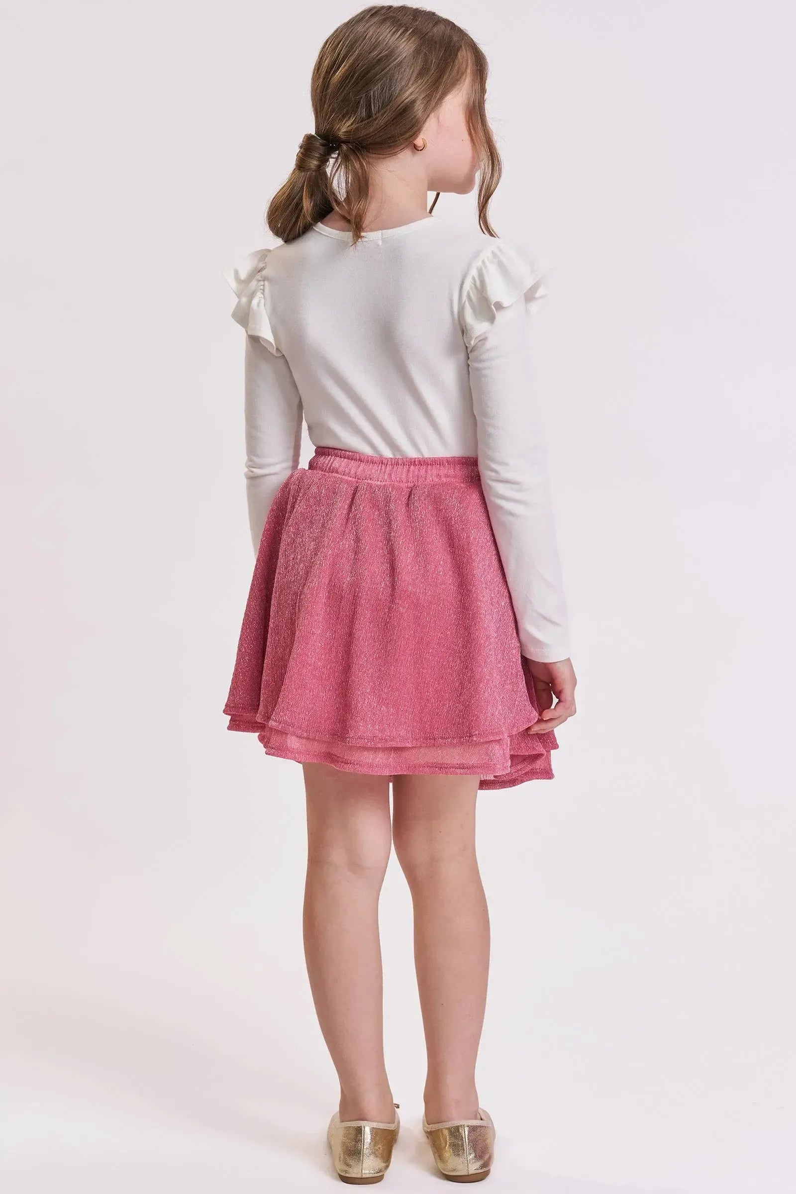 Conjunto de Blusa em Cotton e Saia em Malha Plissada Acetinada (com Shorts Embutido) 93191 Kukiê Infantil Menina