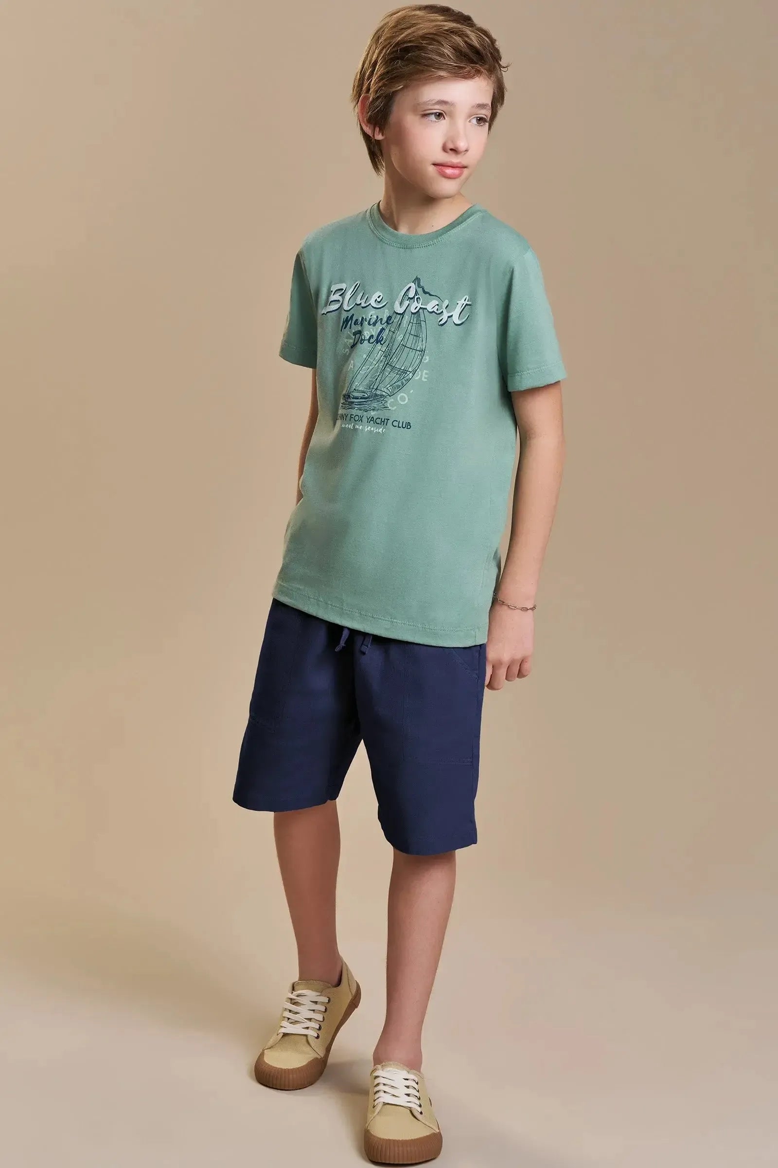 Conjunto de Camiseta em Meia Malha e Bermuda em Sarja Girassol com Elastano 93327 Johnny Fox Teen Menino