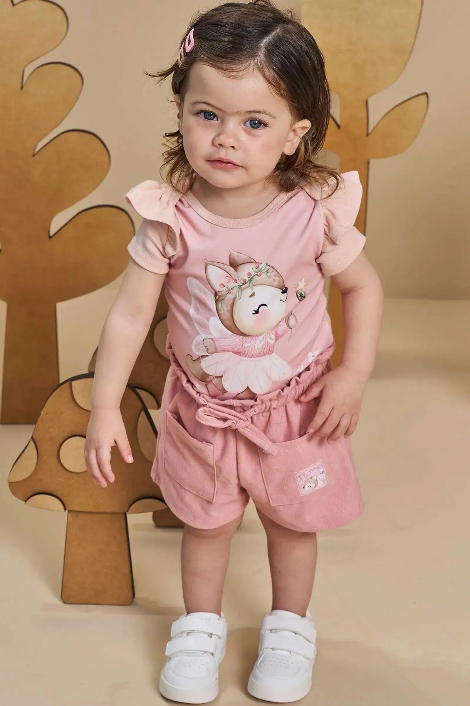 Conjunto de Body em Ribana Canelada com Shorts em Cotton Jeans 93422 Infanti Bebê Menina