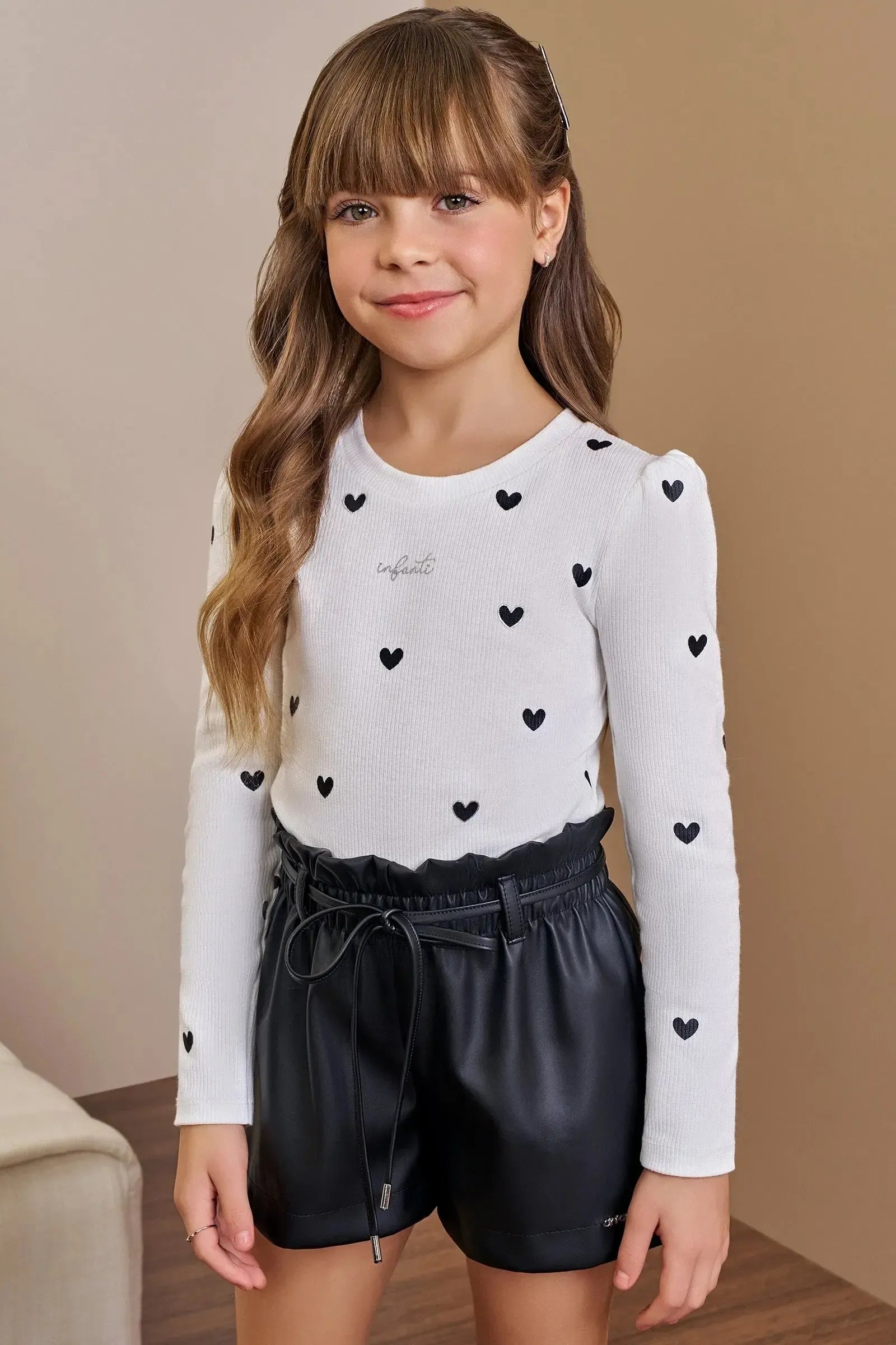 Conjunto de Blusa em Canelado Liz e Shorts em Couro Sintético 93608 Infanti Infantil Menina
