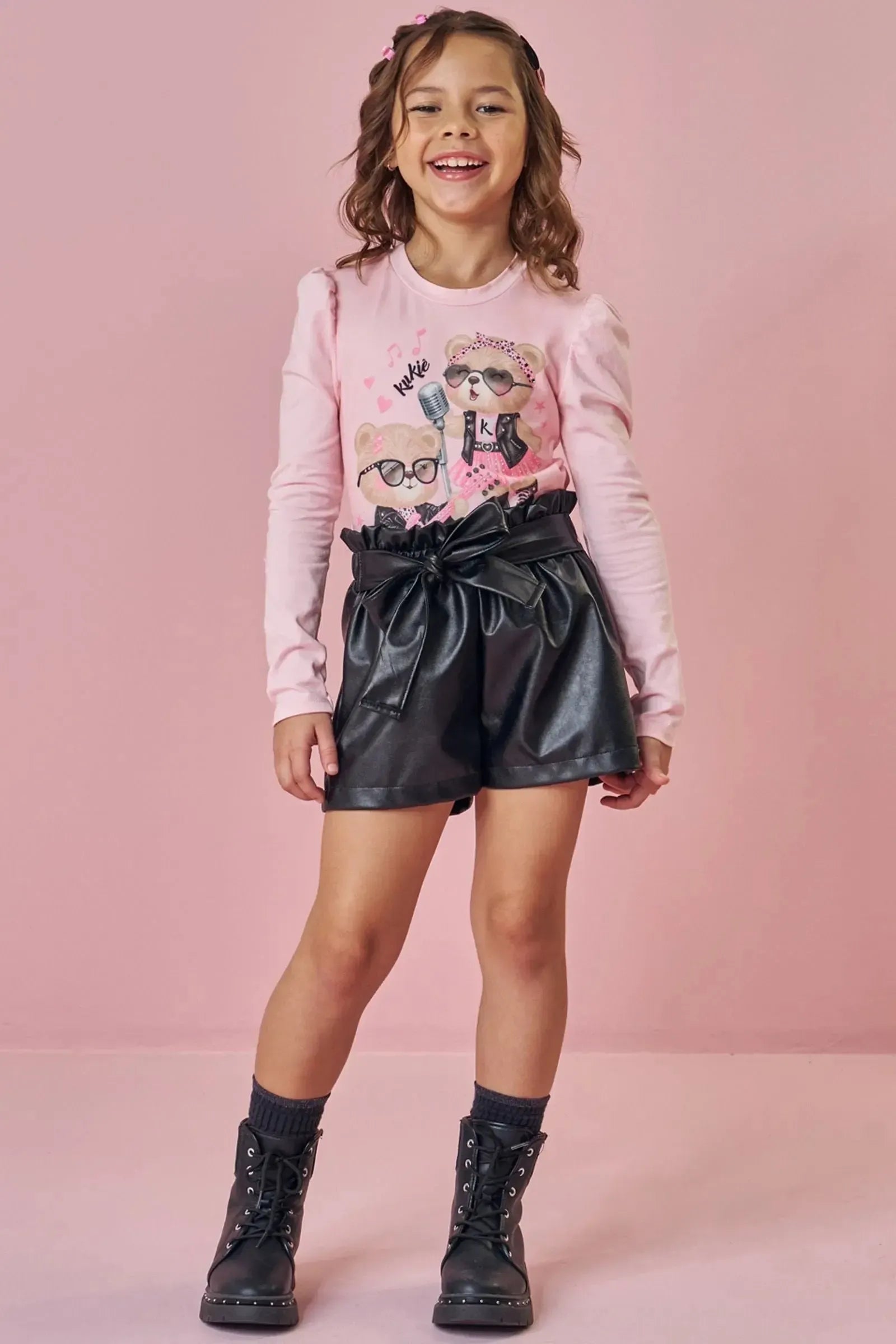 Conjunto de Blusa em Cotton e Shorts em Couro Eco 93777 Kukiê Infantil Menina