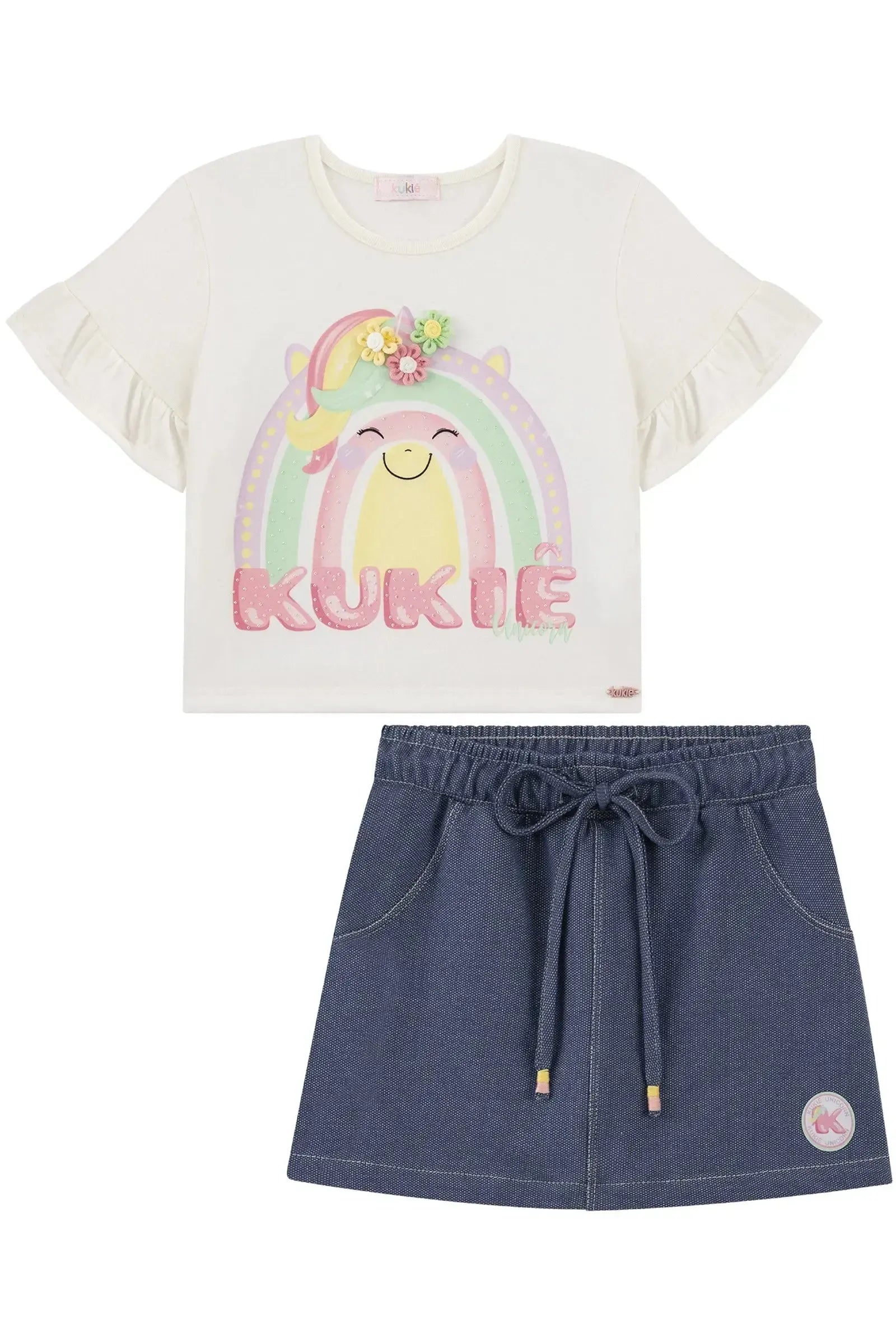 Conjunto de Blusa Boxy em Meia Malha e Short Saia em Malha Denim 93872 Kukiê Infantil Menina