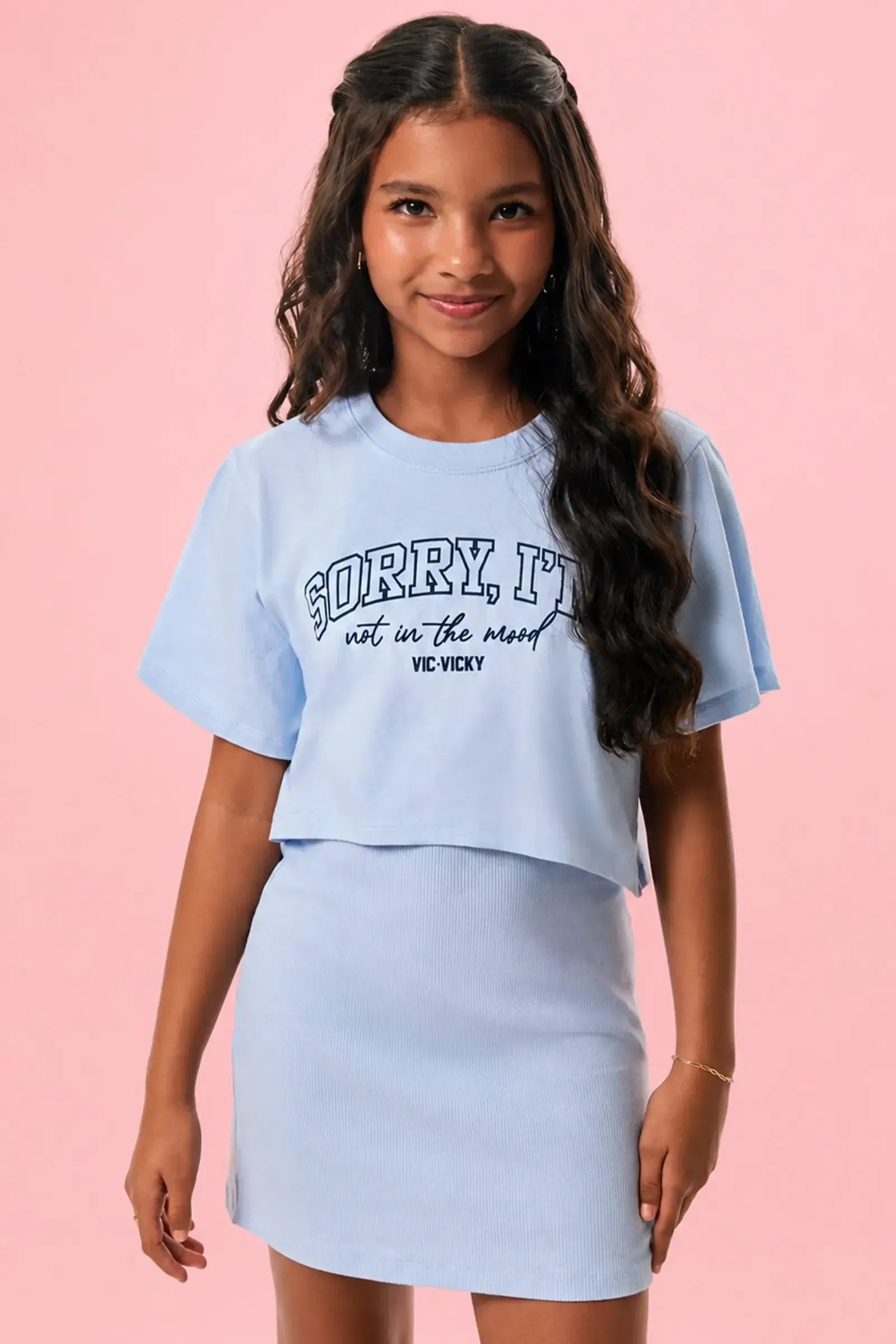 Conjunto de Vestido em Canelado Liz e Blusa Sobreposição em Meia Malha 95948 Vic&Vicky Teen Menina