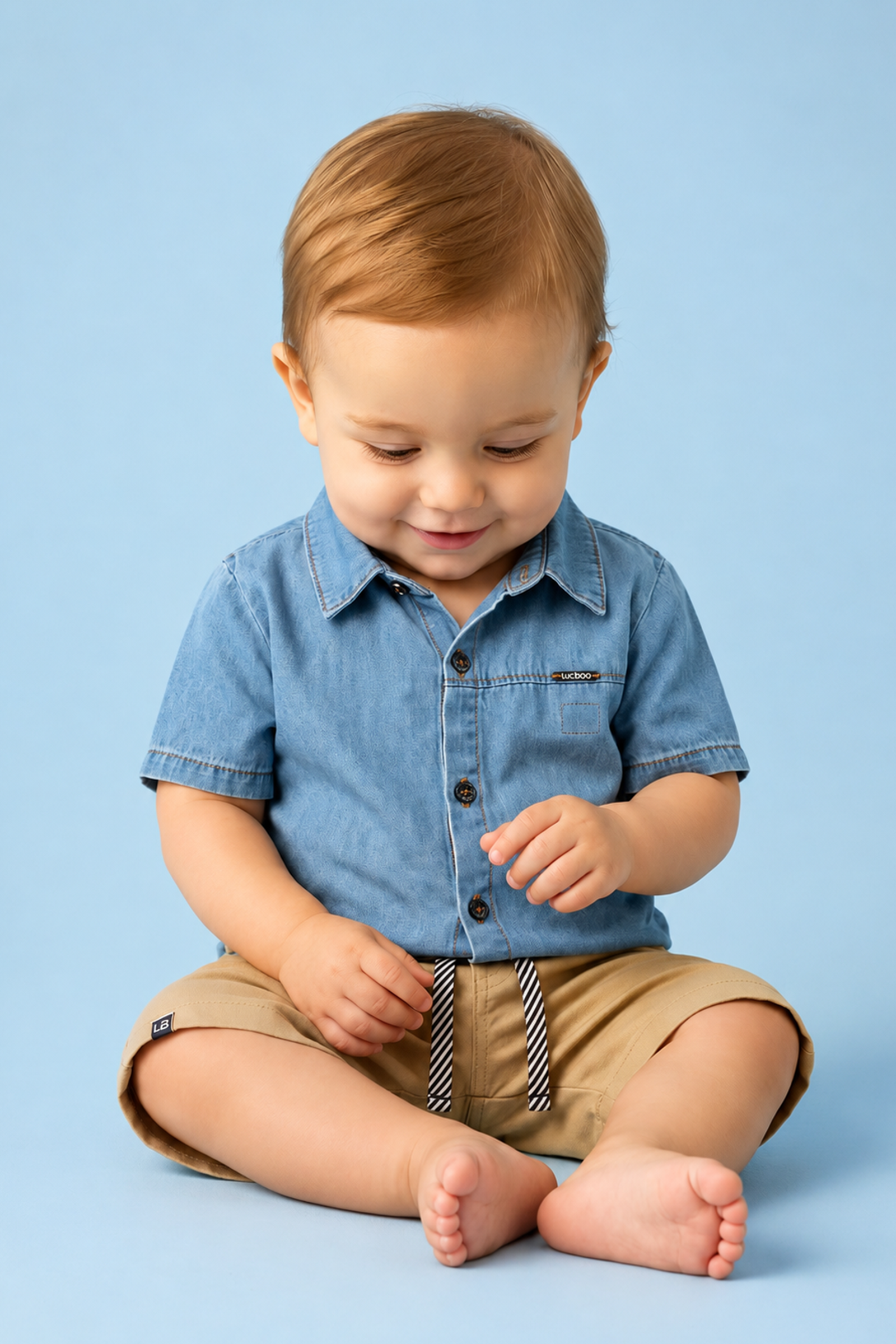 Conjunto de Camisa em Jeans Teka com Elastano e Bermuda em Sarja Girassol com Elastano  96229 LucBoo Infantil Menino