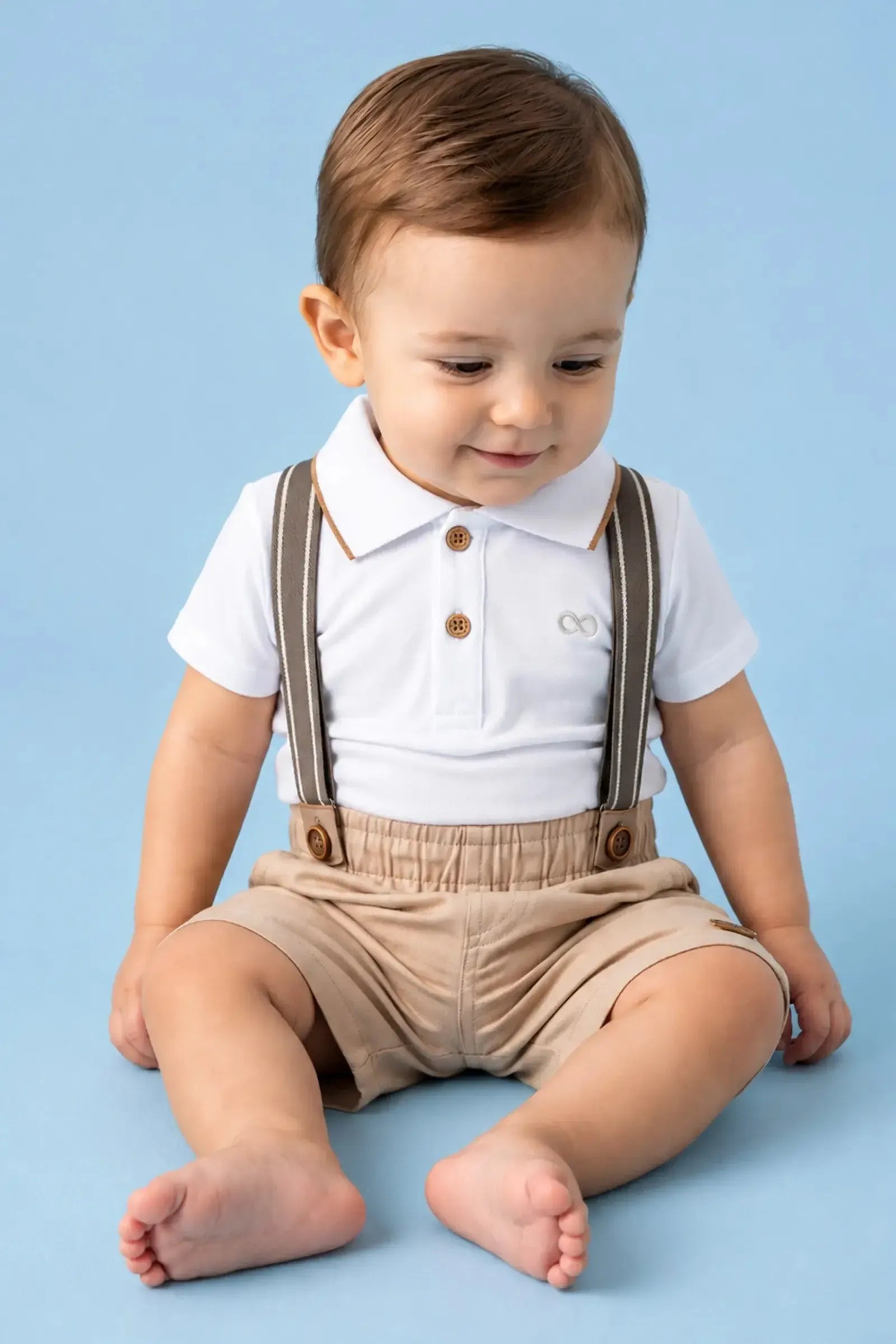 Conjunto de Body Polo em Piquet com Elastano e Bermuda em Sarja Girassol com Elastano 97342 LucBoo Bebê Menino