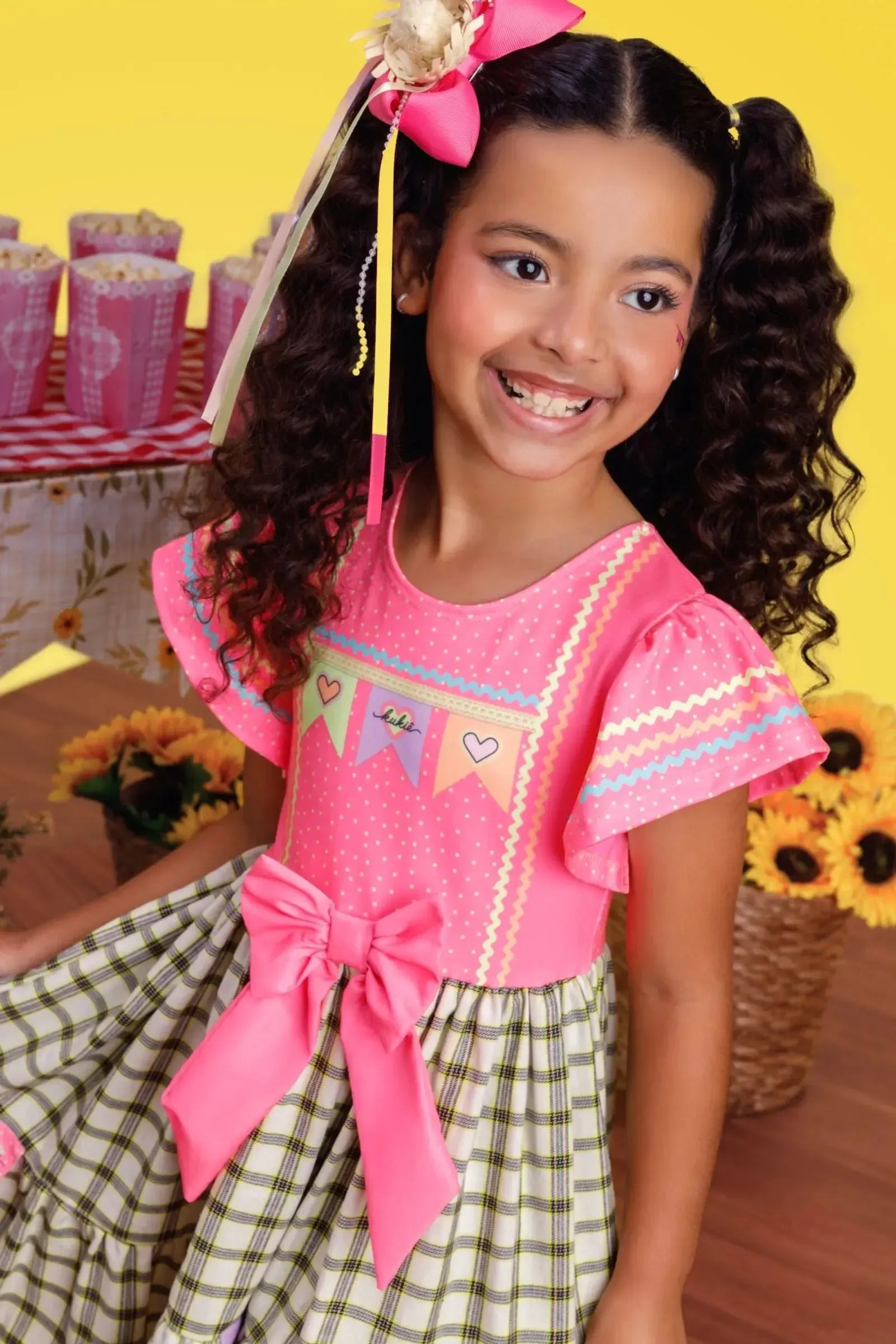 Vestido Junino Fashion em Malha Power e Tecido Xadrez 100% Algodão 97816 Kukiê Infantil Menina