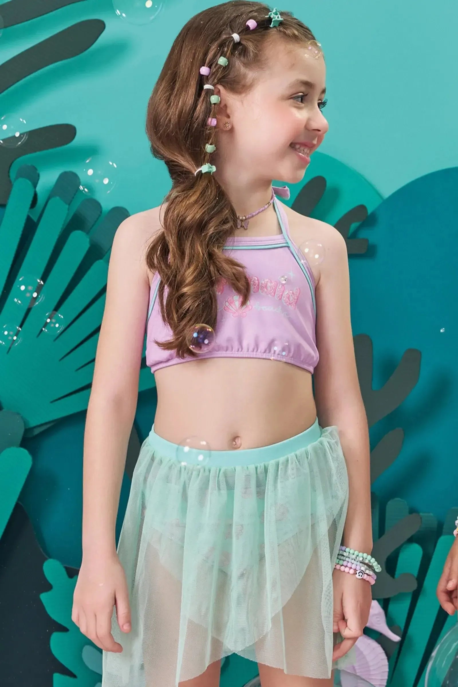 Biquíni em Malha com Proteção UV50+ e Saia em Tule 83691 Kukiê Infantil Menina