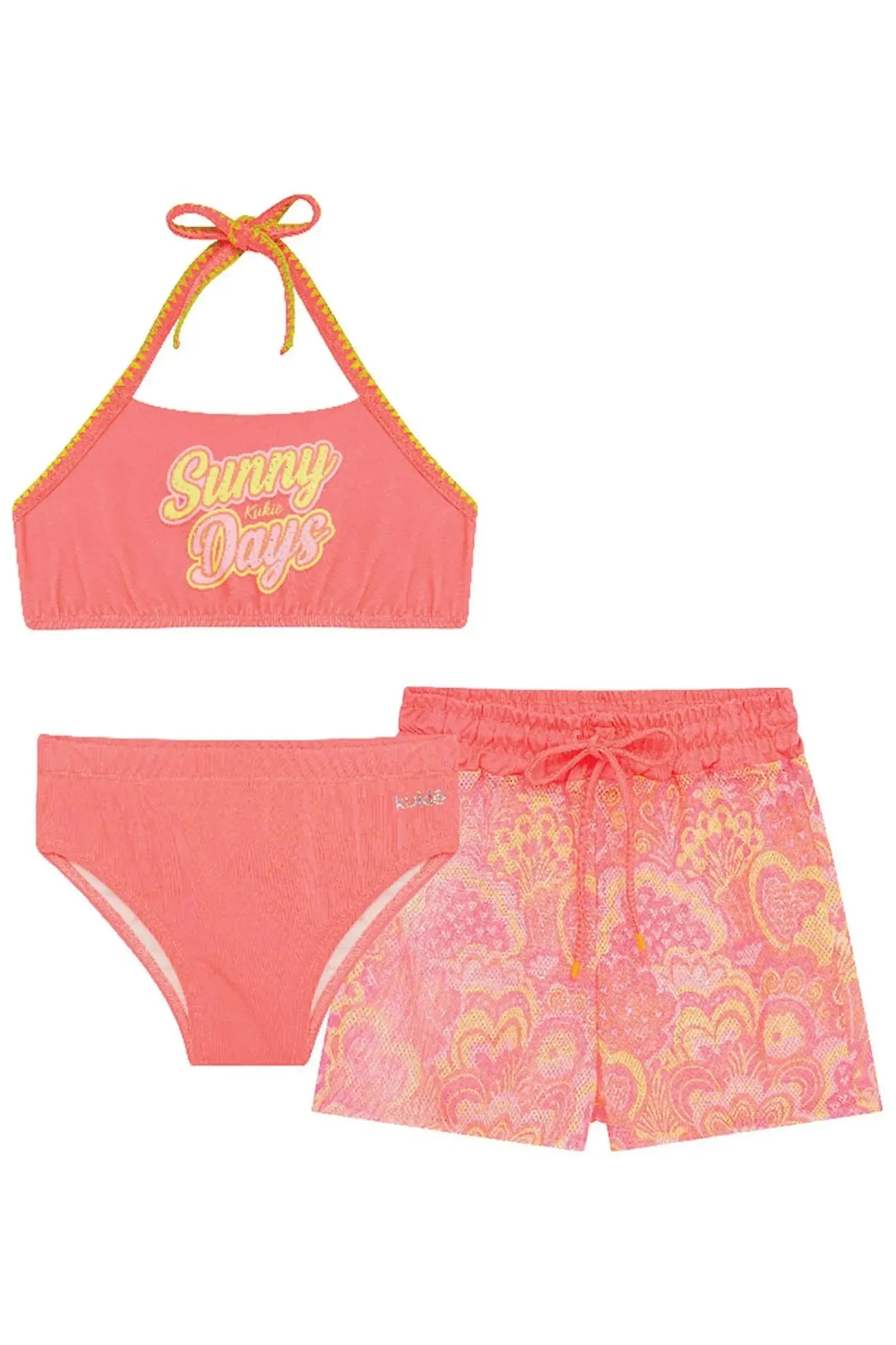 Bíquini em Malha com Proteção UV50+ e Shorts Saída de Praia em Tela Fashion 93247 Kukiê Infantil Menina