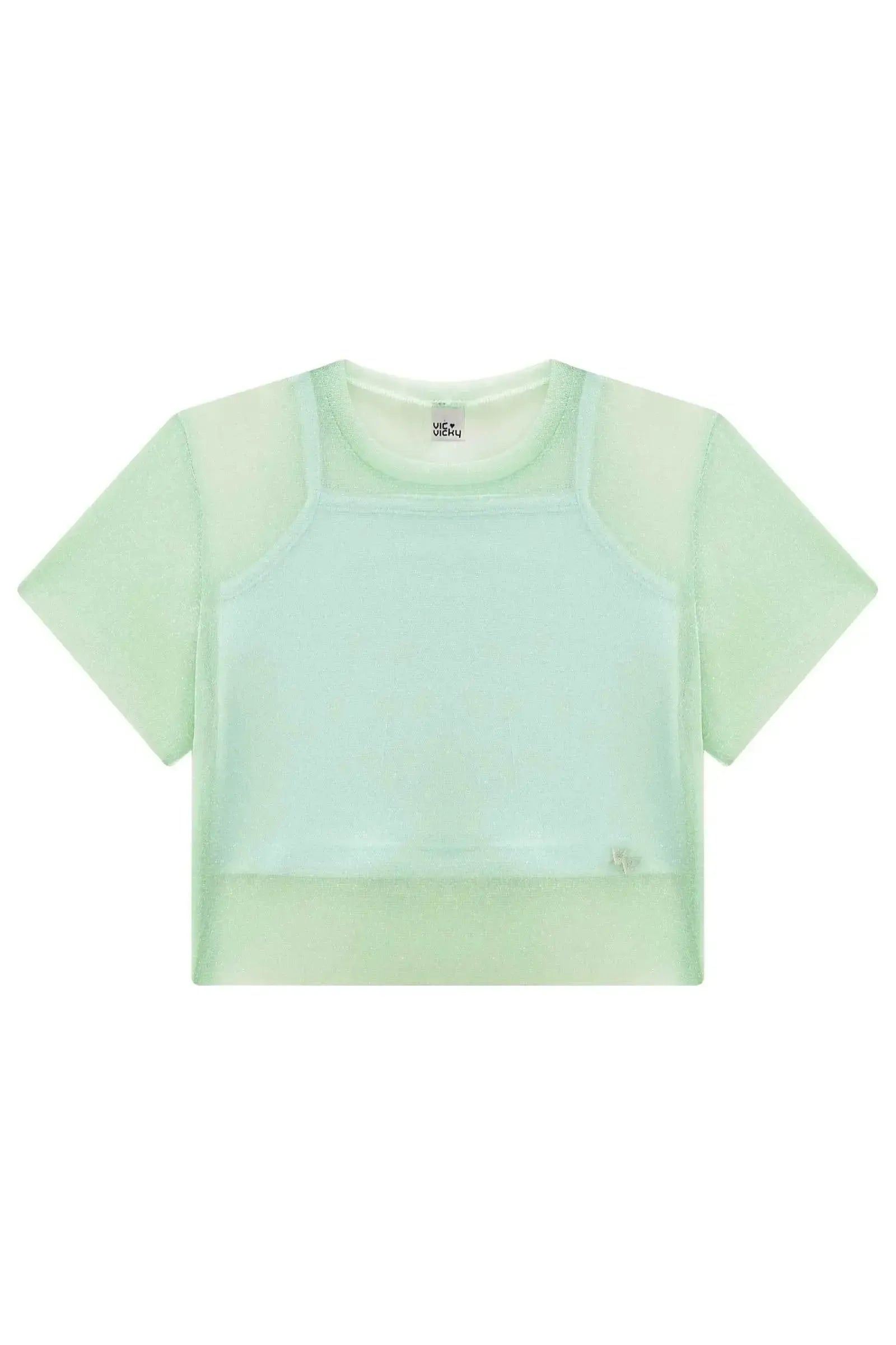 Blusa Boxy Sobreposição em Tule Brilho e Top Cropped em Ribana 86905 Vic&Vicky Teen Menina