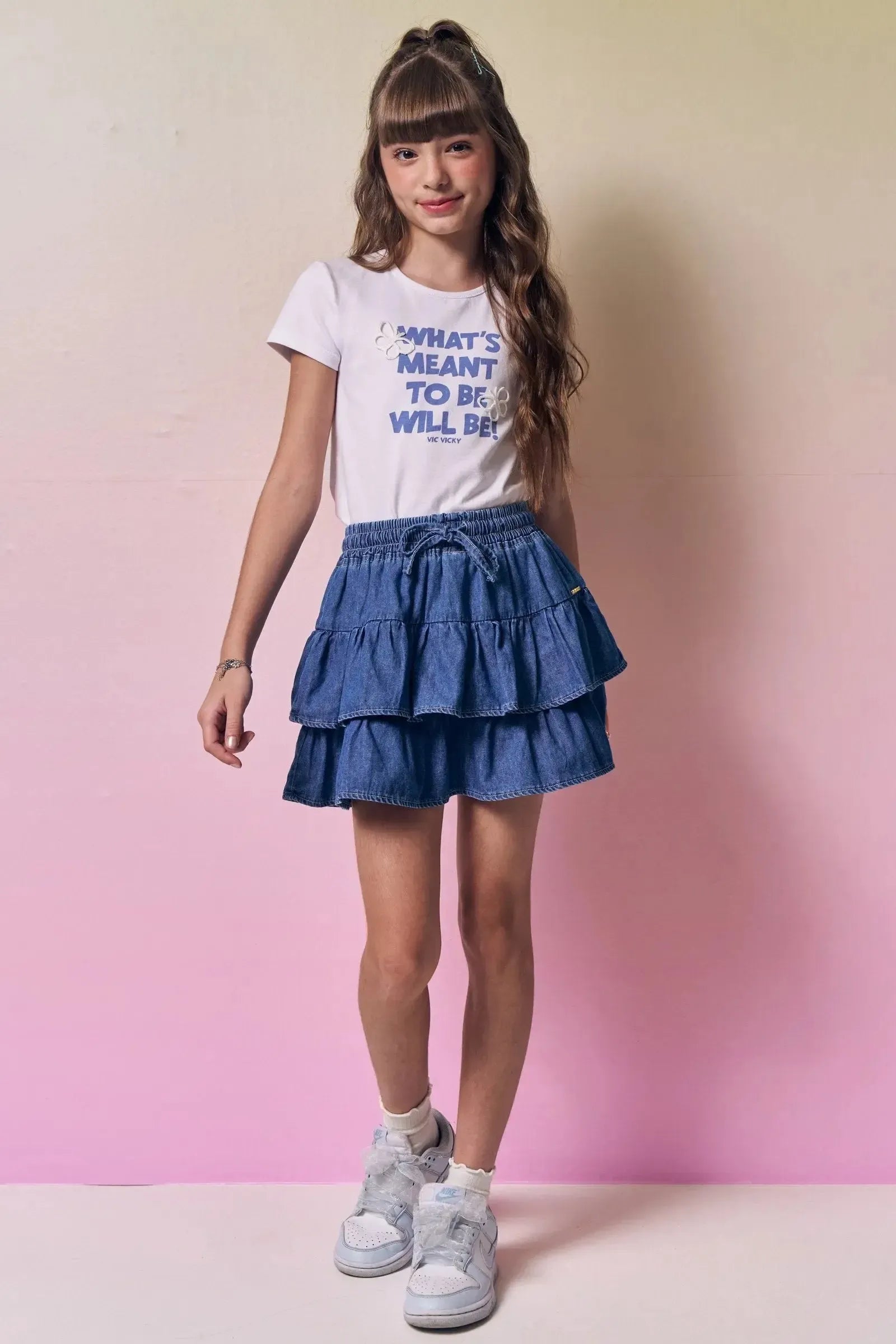 Blusa em Cotton e Saia em Jeans com Elastano 96905 Vic&Vicky Teen Menina