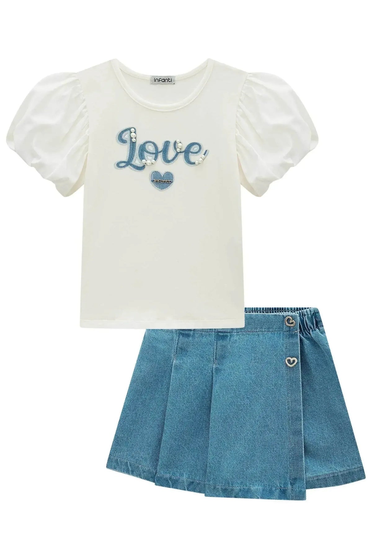 Blusa em Cotton e Tricoline e Short Saia em Jeans 98795 Infanti Infantil Menina