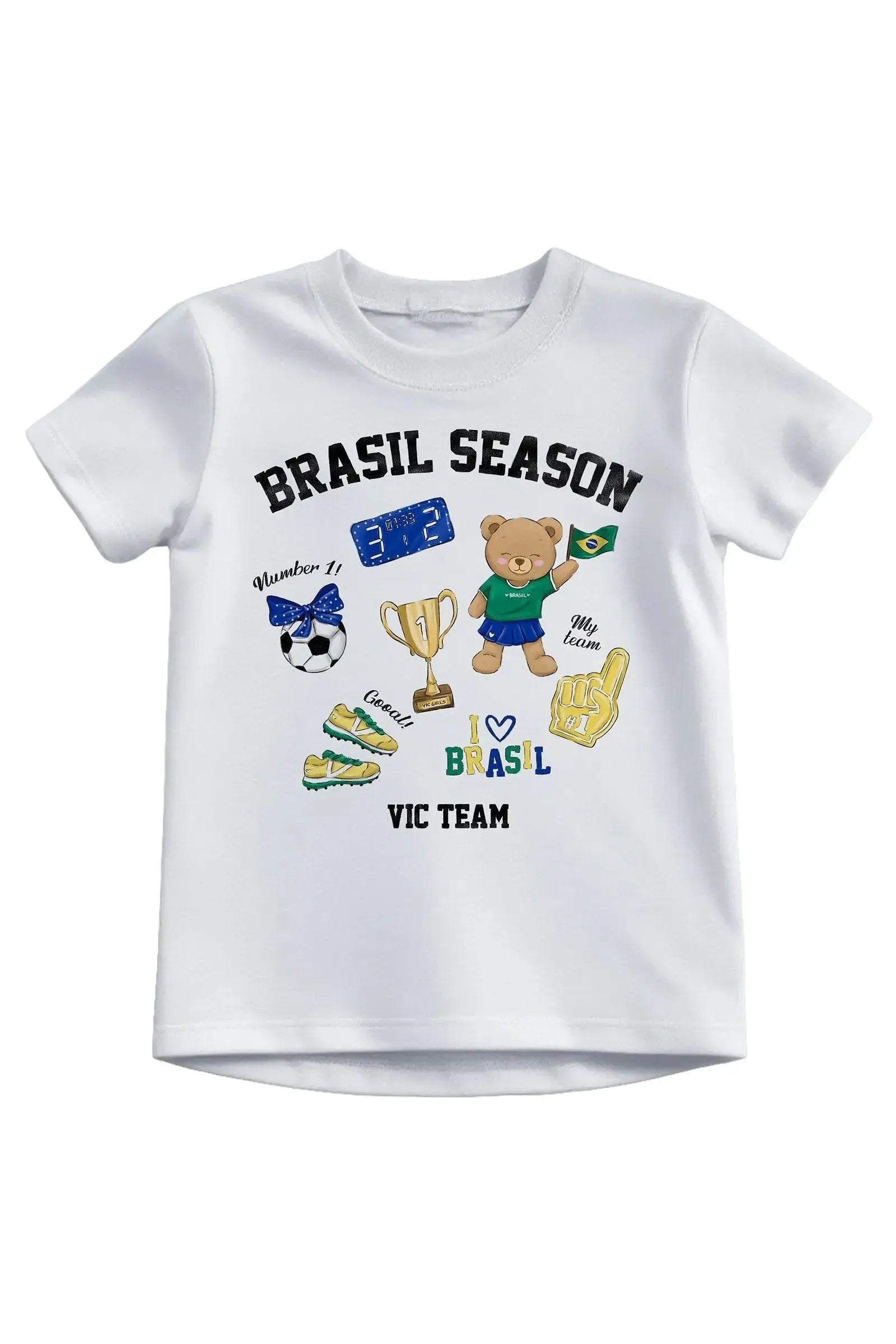 Blusa em Meia Malha Algodão Prime Conforto Para Entrar No Clima Da Copa. Estampa Temática Brasil em Estilo Fun Divertida e com Detalhes em Strass. 99762 Vic Teen Menina