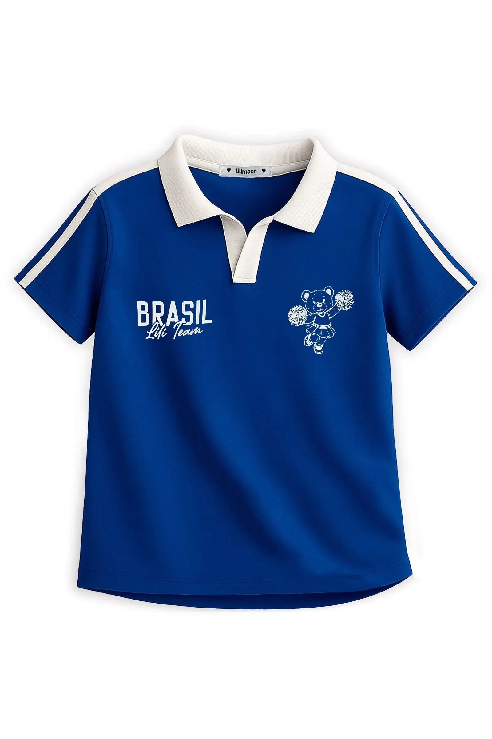 Blusa em Meia Malha Algodão Prime Gola em Retilínea Contrastante Friso Nas Mangas e Estampa de Ursa Torcedora. Entre No Clima Da Copa com Lili Team! 99694 Lilimoon Teen Menina