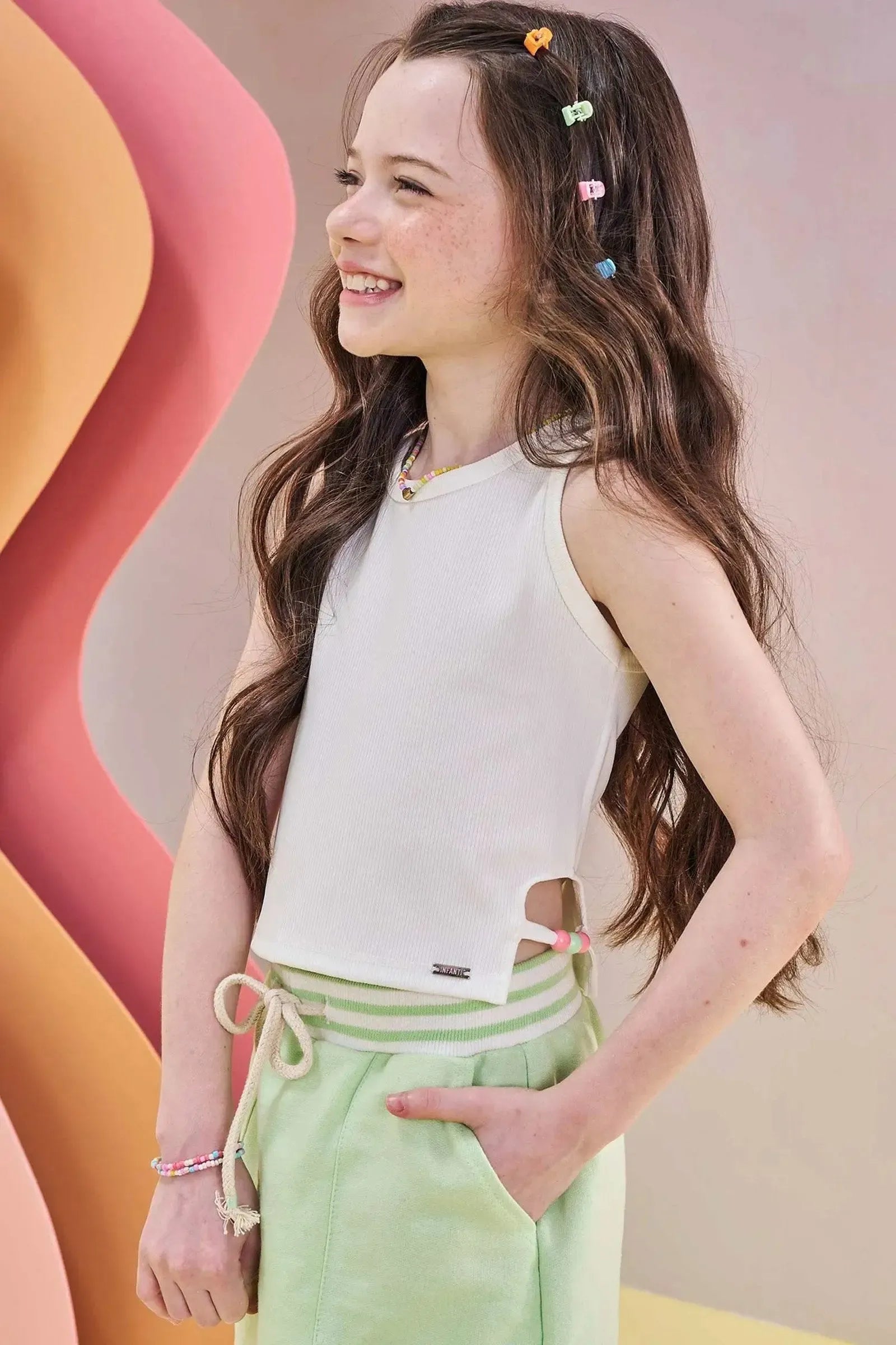 Blusa Regata Cropped em Ribana Fancy 82837 Infanti Infantil Menina
