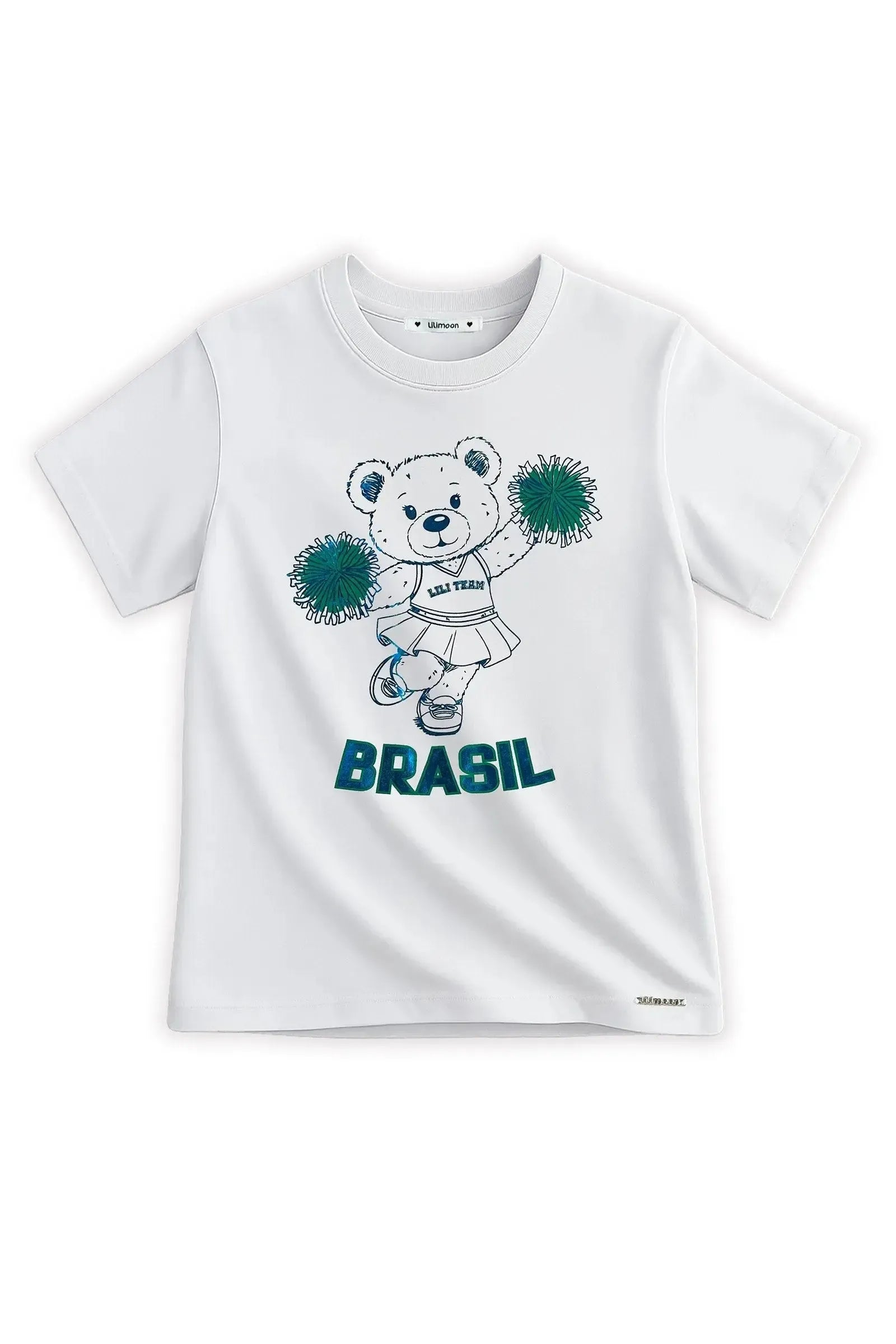 Camiseta Alongada em Meia Malha Algodão Prime com Estampa de Ursa Torcedora em Foil Azul Atual e Divertida. Vem Torcer Para O Brasil com a Lili! 99699 Lilimoon Teen Menina