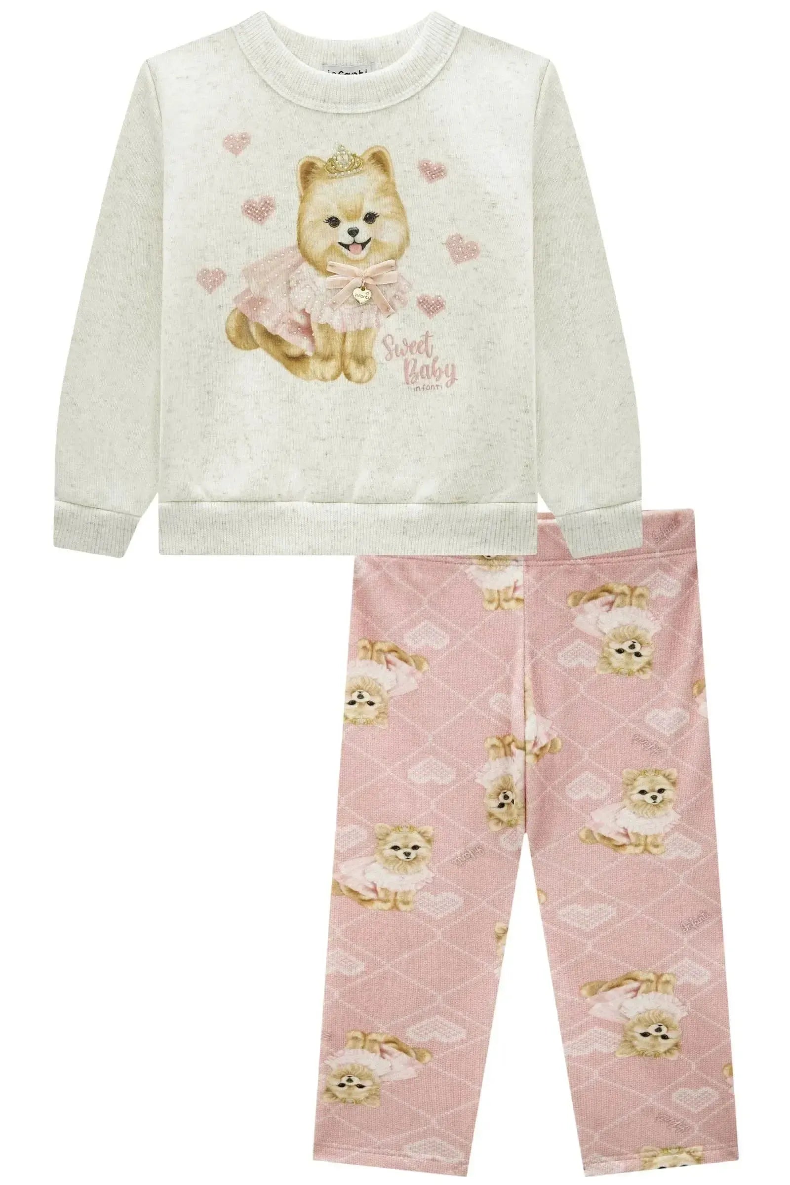 Conjunto Blusão em Moletom Linho 3 Cabos com Pelúcia e Calça Legging em Fleece Luxo 91796 Infanti Bebê Menina